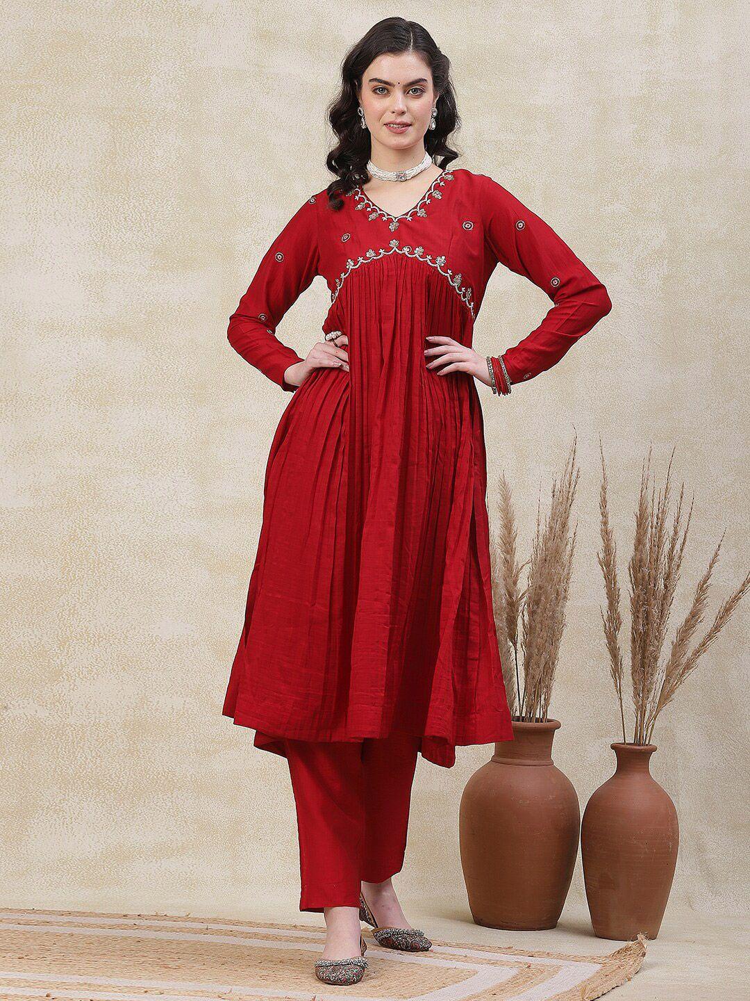 fashor women maroon embroidered pleated beads and stones kurta with trousers & with dupatta