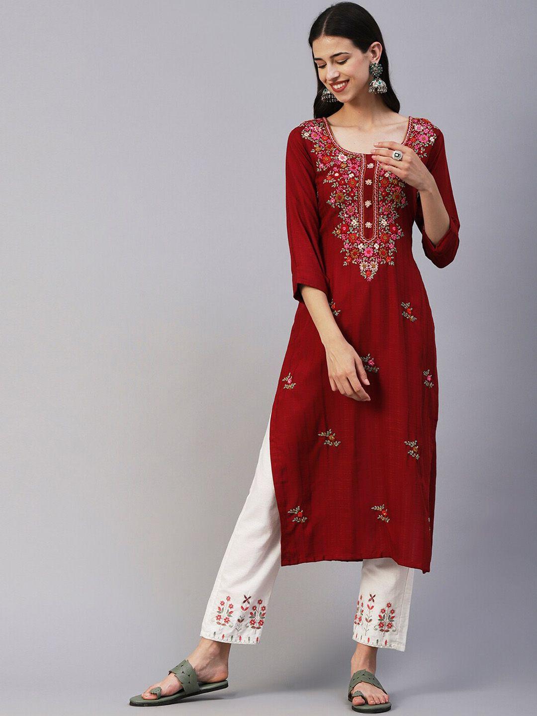 fashor women maroon ethnic motifs embroidered thread work kurta