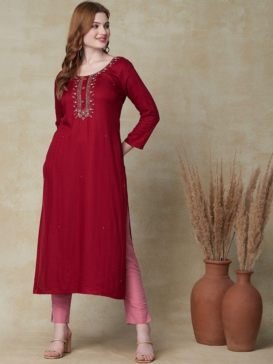 fashor women maroon ethnic motifs yoke design thread work kurta