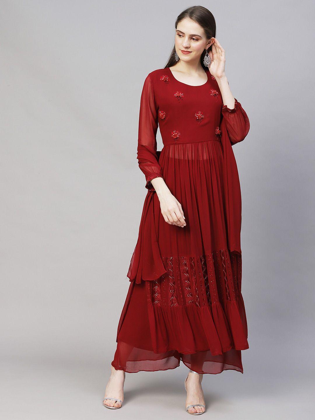 fashor women maroon floral embroidered pleated beads and stones kurta with palazzos & with dupatta