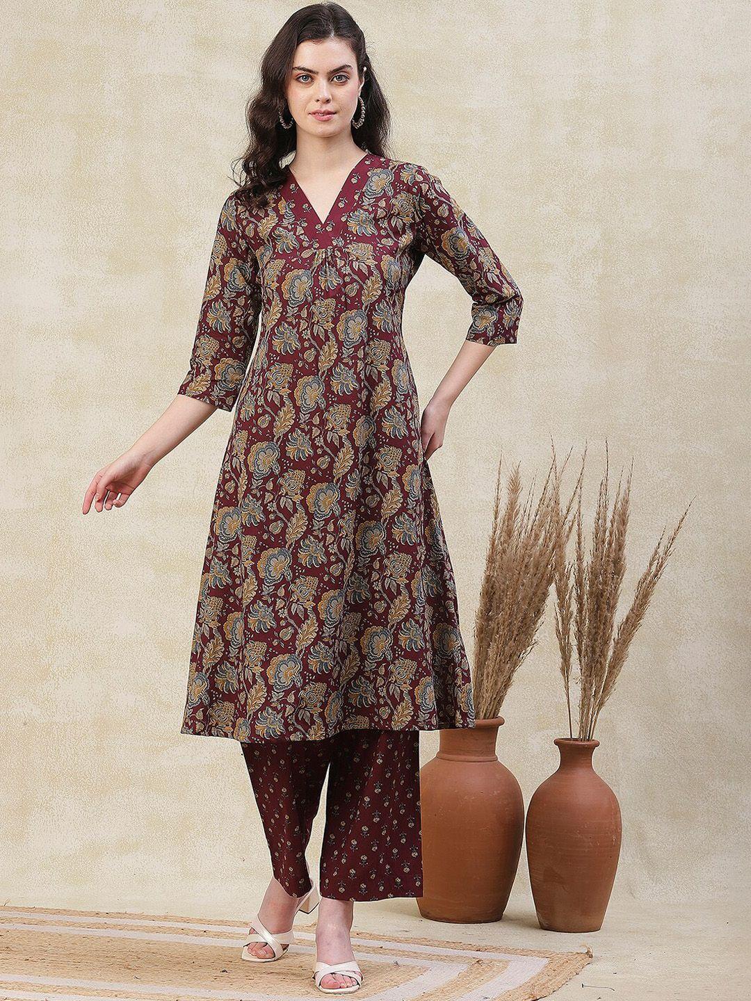 fashor women maroon floral printed pleated pure cotton kurta with palazzos