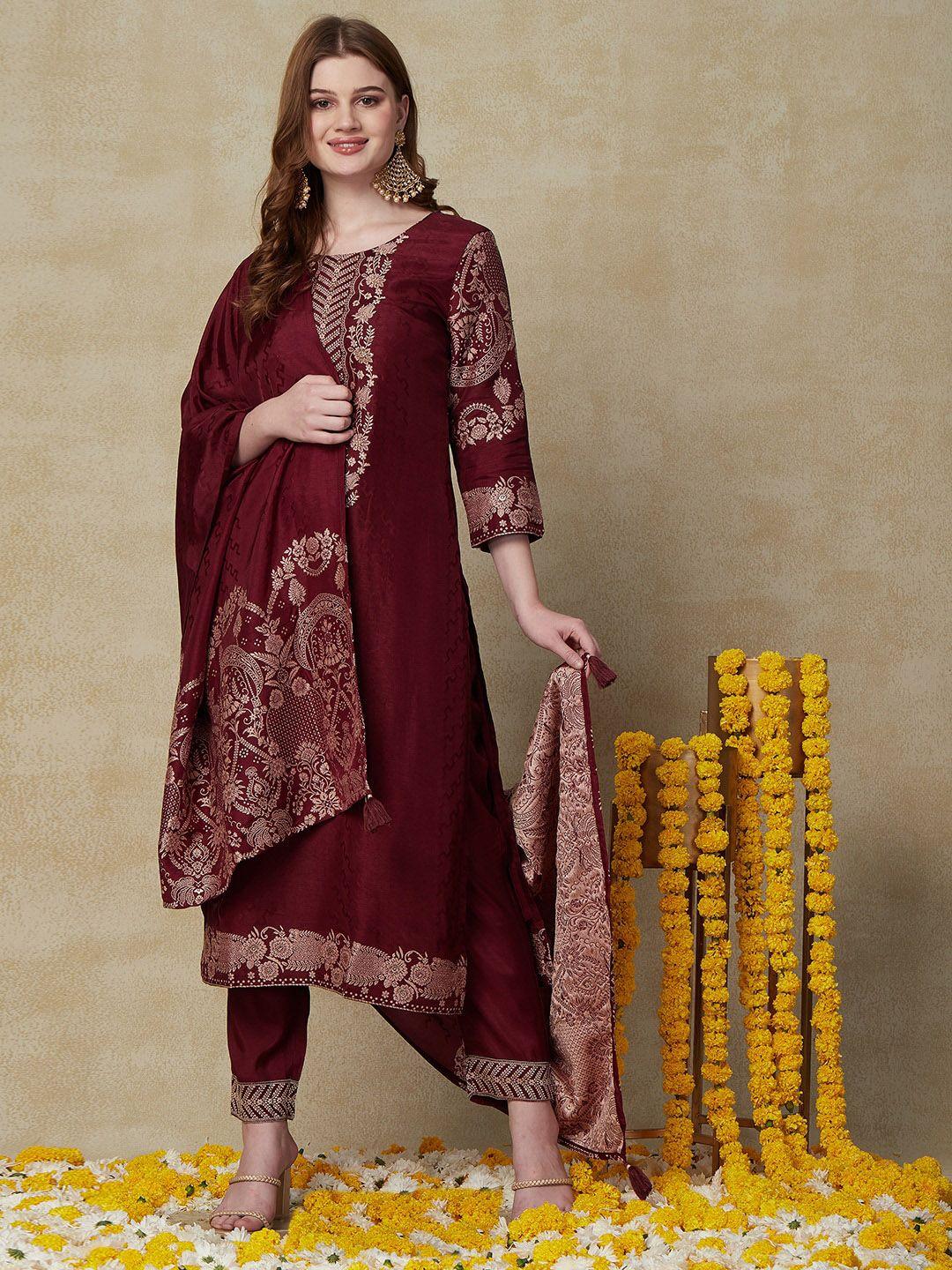 fashor women maroon floral yoke design regular beads and stones kurta with trousers & with dupatta