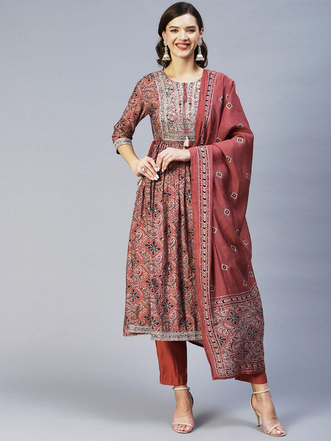 fashor women mauve ethnic motifs printed pleated kurta with trousers & with dupatta