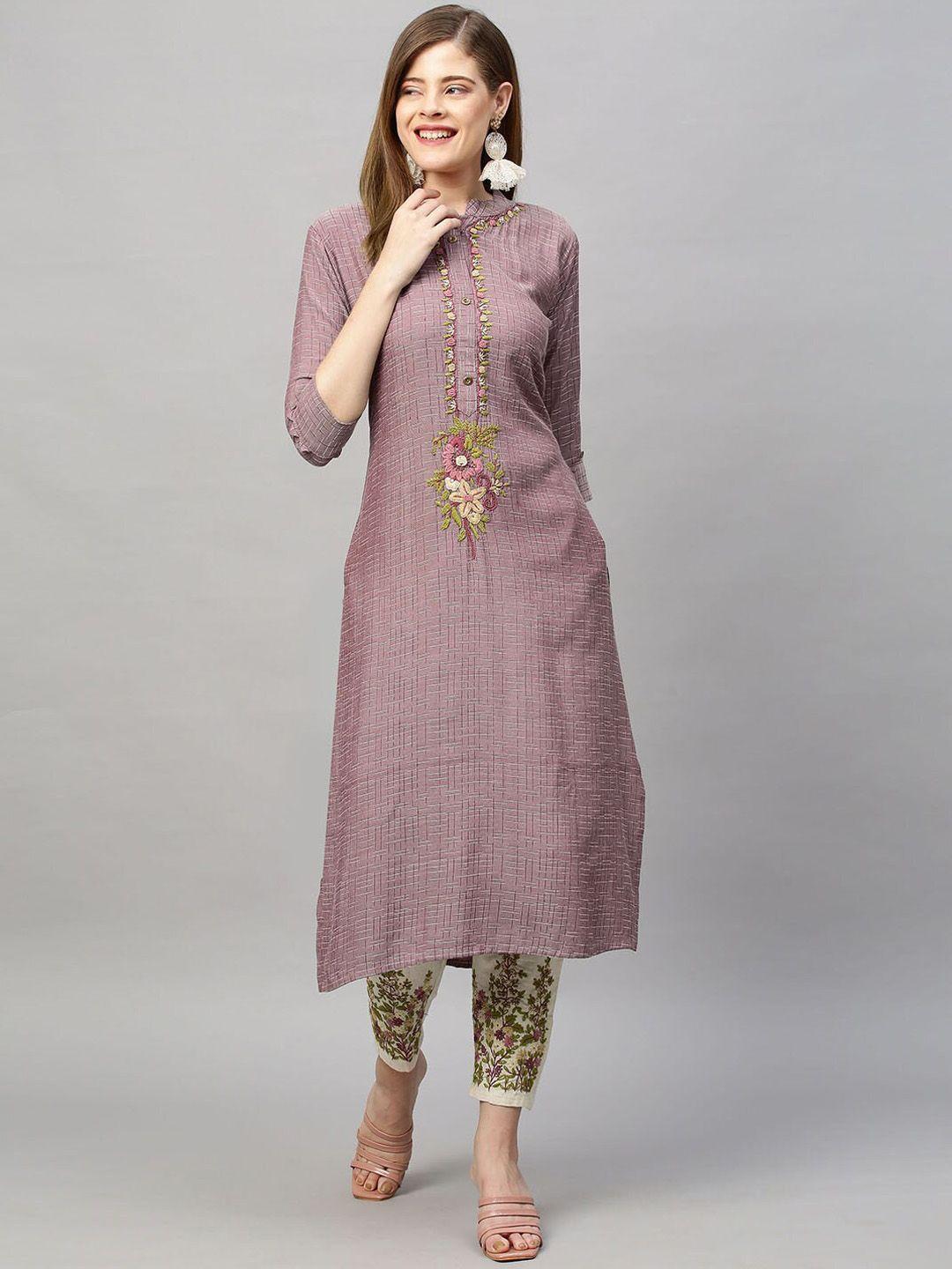 fashor women mauve floral embroidered straight kurta with trousers