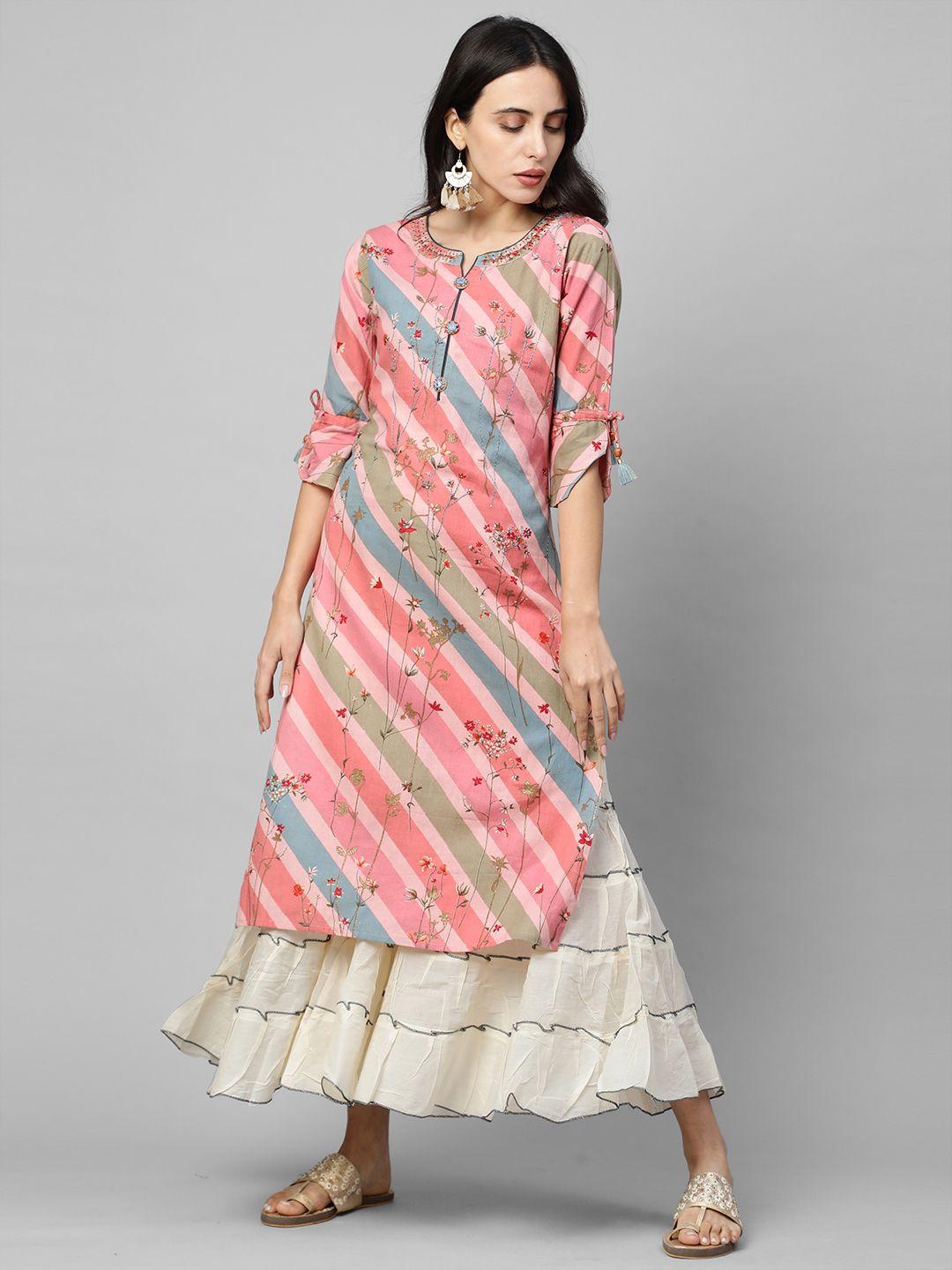 fashor women multicoloured  white striped kurta with churidar