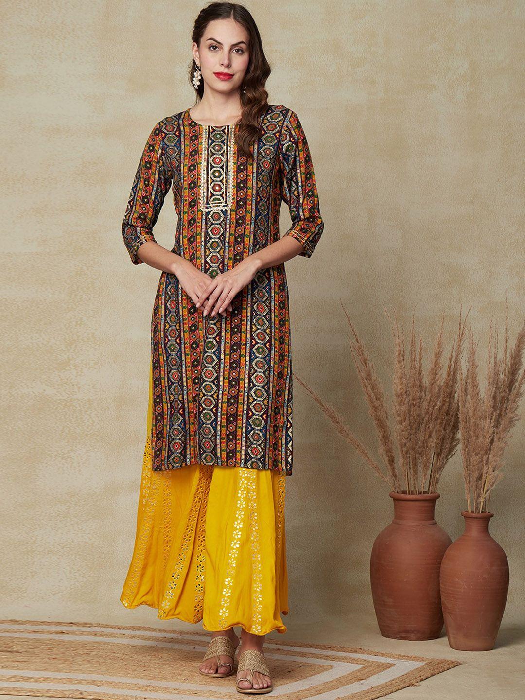 fashor women multicoloured ethnic motifs printed cold-shoulder sleeves kurta