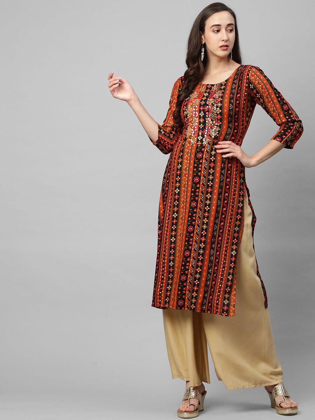 fashor women multicoloured ethnic motifs printed mirror work kurta