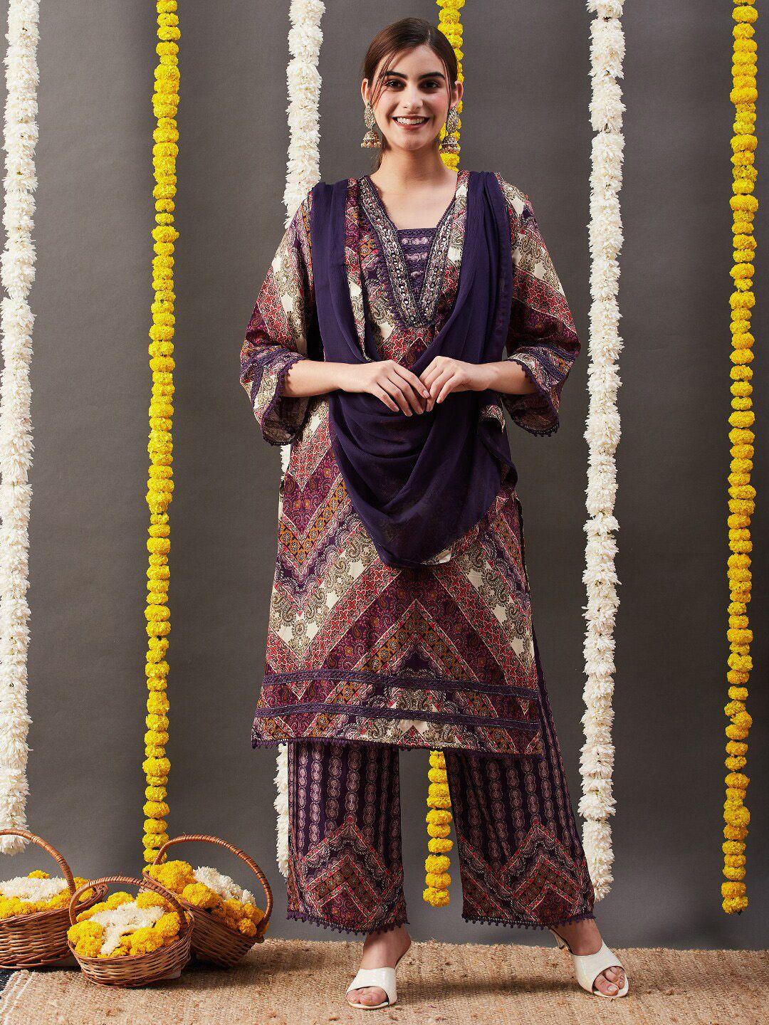 fashor women multicoloured ethnic motifs printed regular beads and stones kurta with palazzos & with dupatta