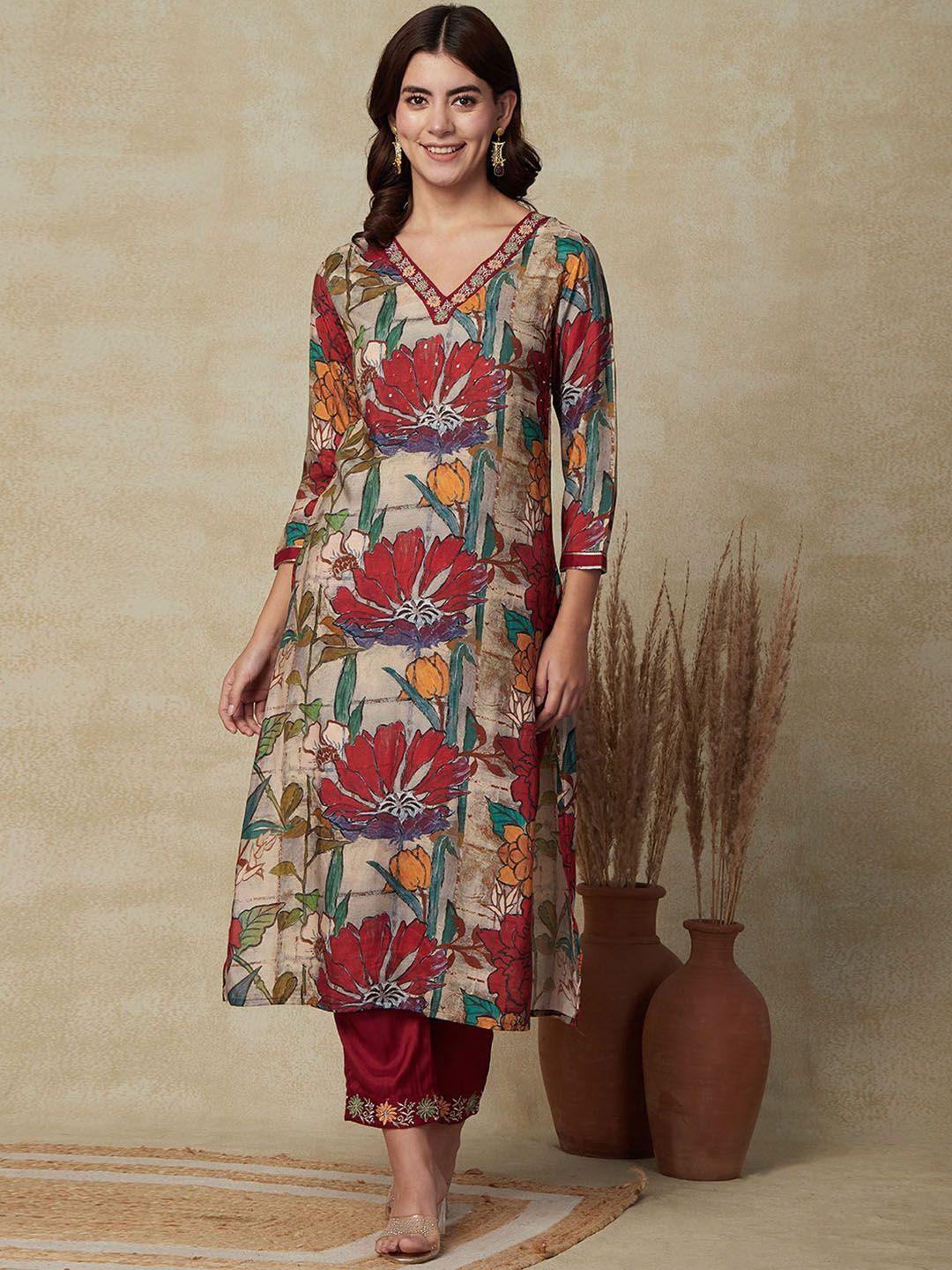 fashor women multicoloured floral printed regular kurta with trousers & with dupatta