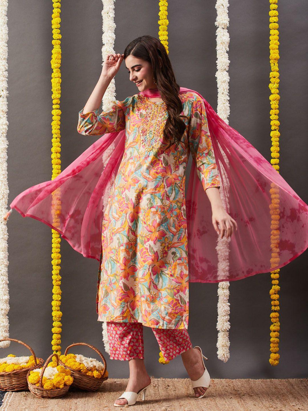 fashor women multicoloured floral printed regular mirror work kurta with trousers & with dupatta