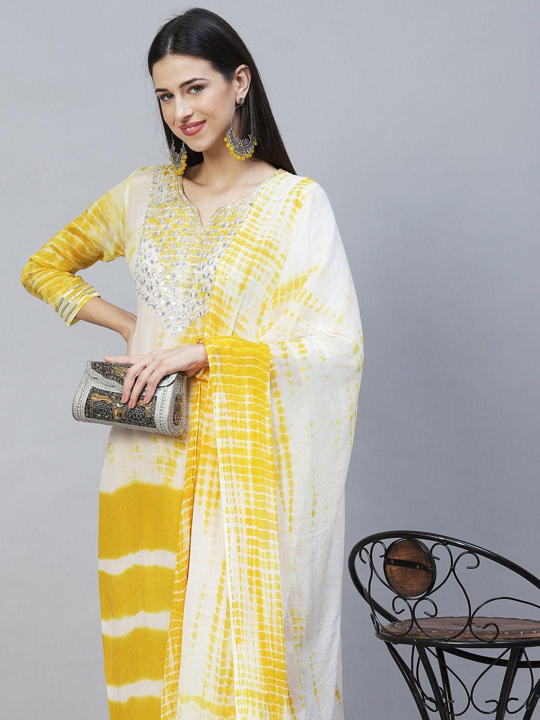 fashor women multicoloured printed panelled gotta patti silk chiffon kurta with trousers & with dupatta