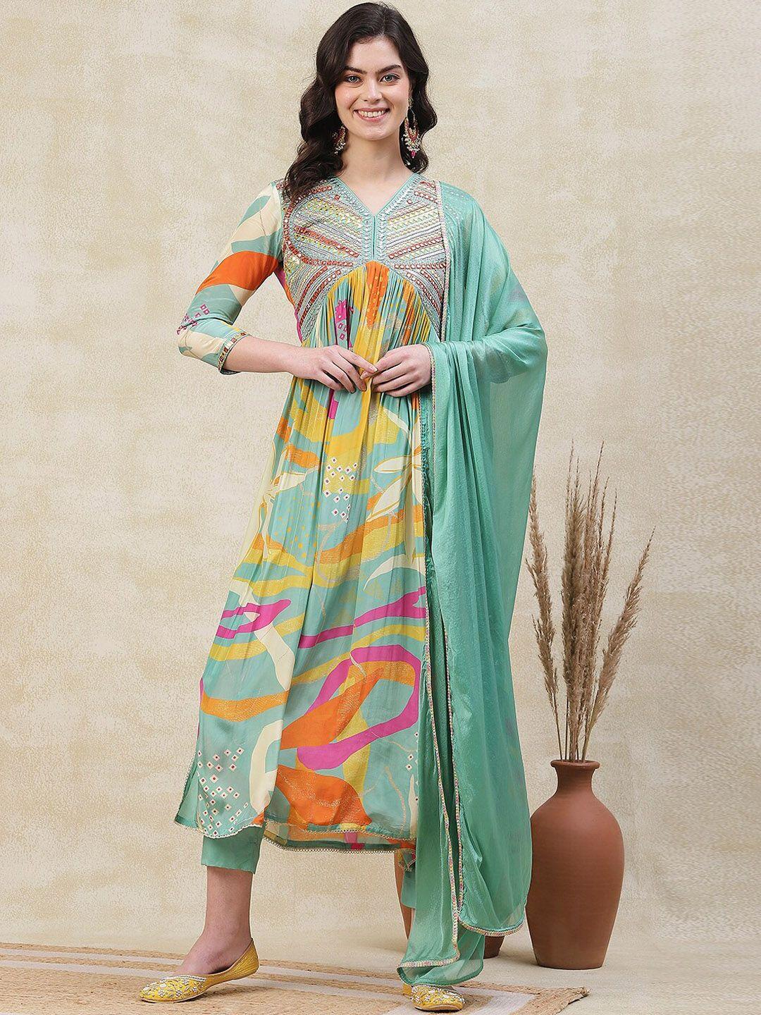 fashor women multicoloured printed pleated mirror work kurta with trousers & with dupatta