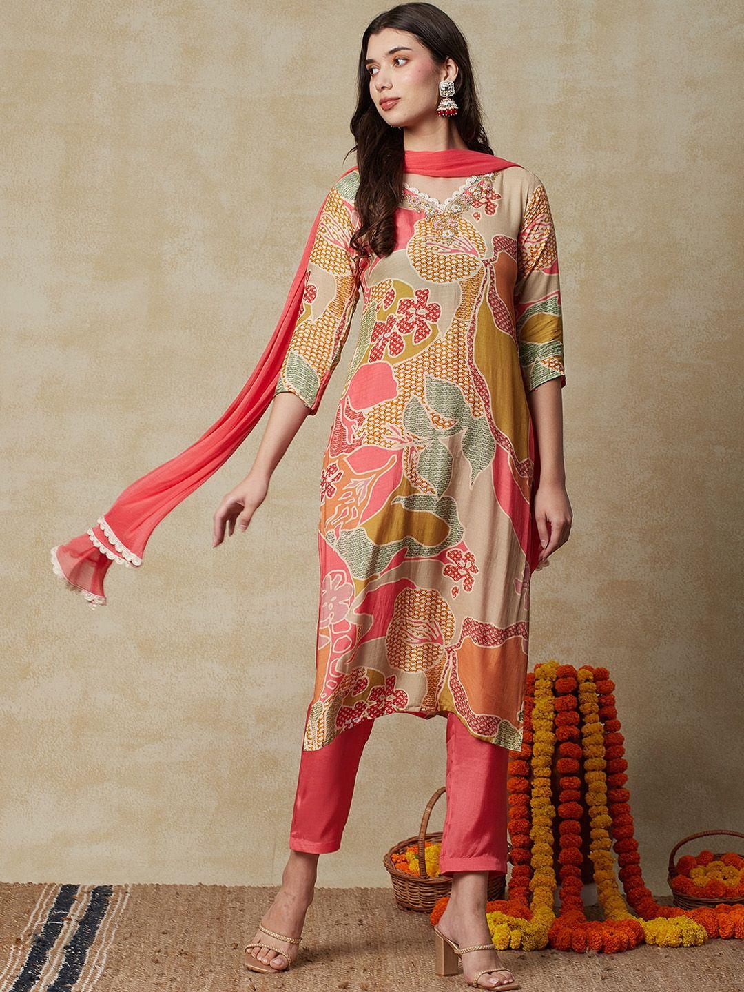 fashor women multicoloured printed regular beads and stones kurta with trousers & with dupatta