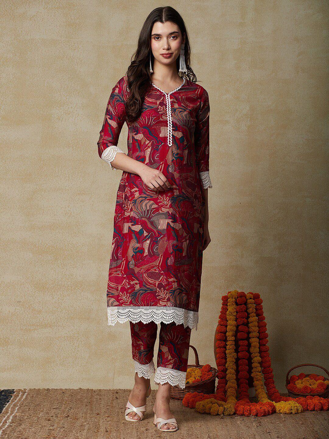fashor women multicoloured printed regular kurta with trousers