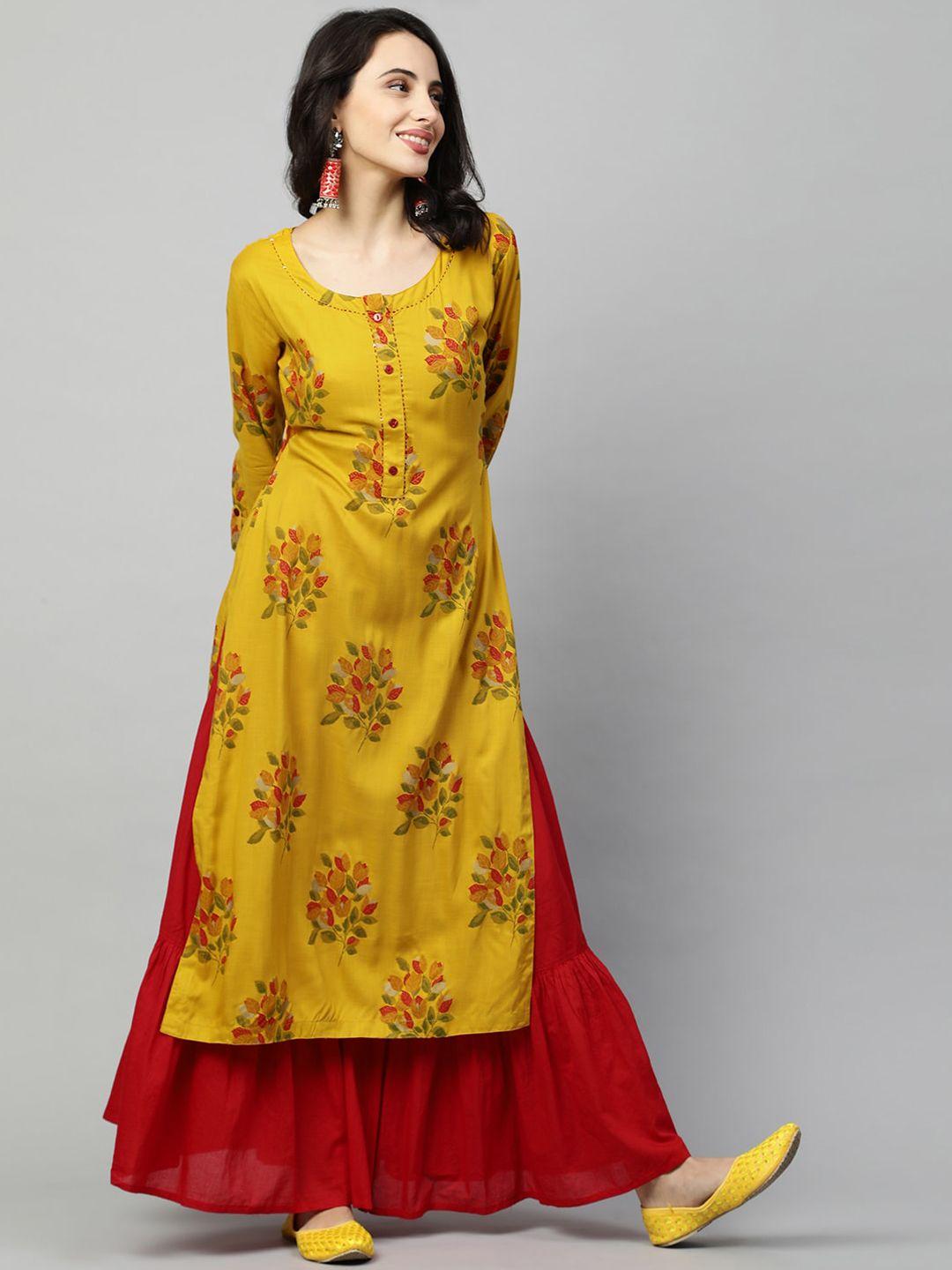 fashor women mustard yellow & red floral printed floral kurta