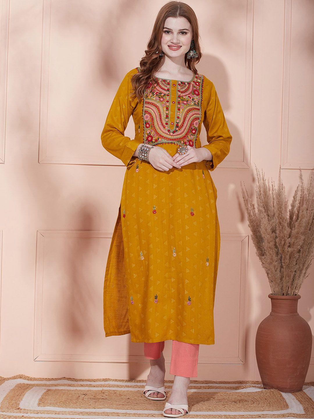 fashor women mustard yellow ethnic motifs embroidered flared sleeves thread work kurta