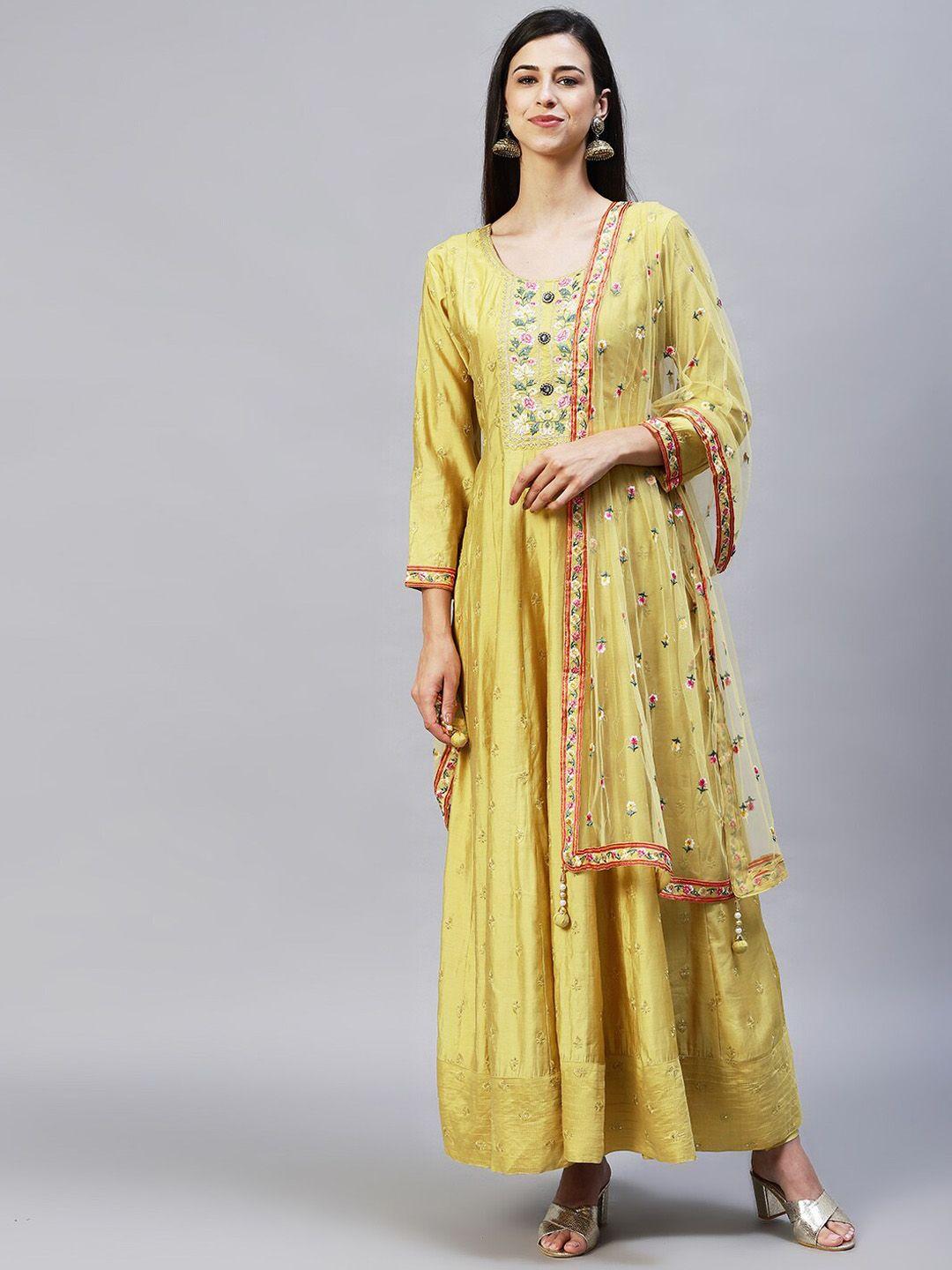 fashor women mustard yellow floral embroidered anarkali flared silk kurta set