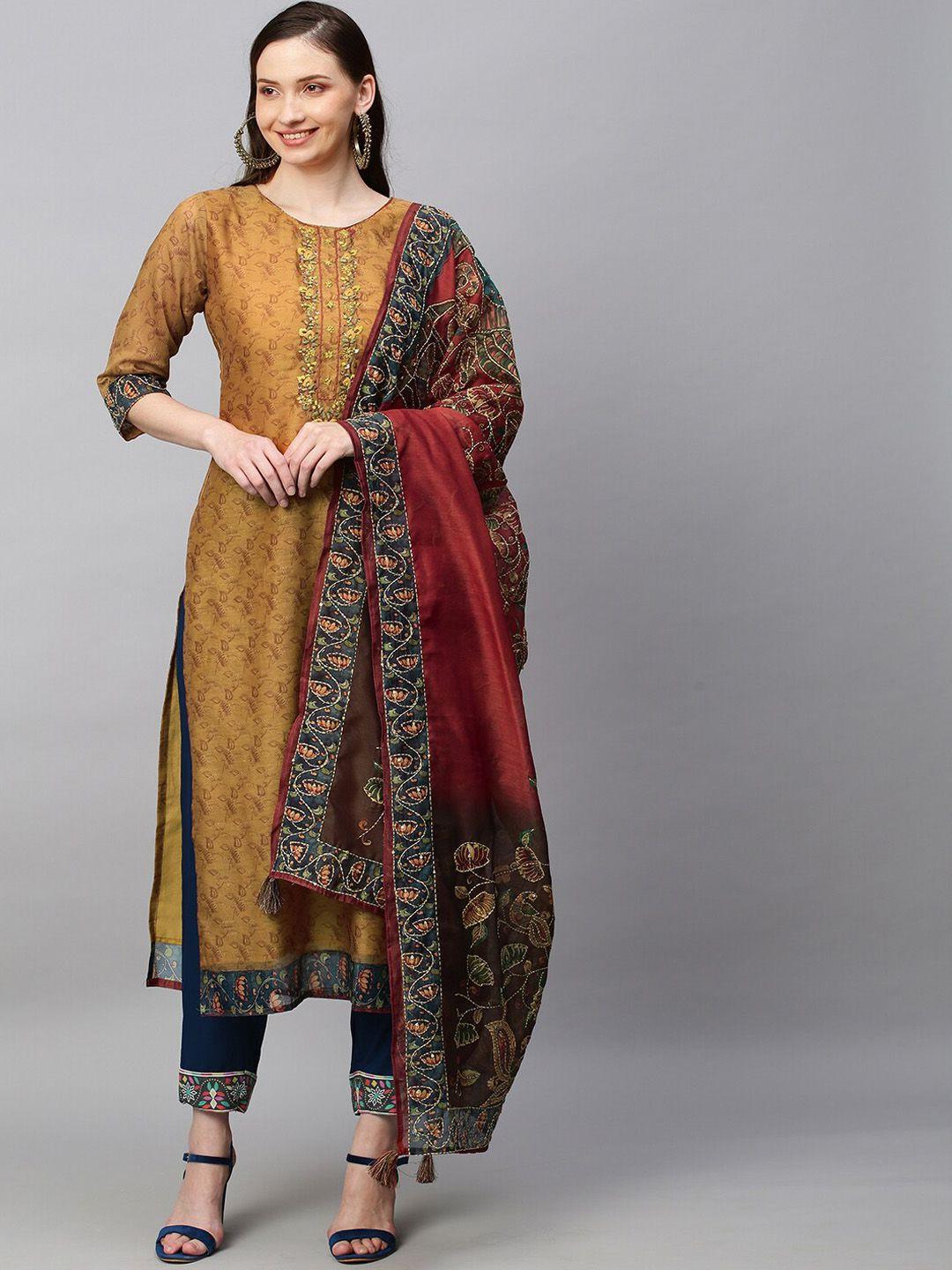 fashor women mustard yellow floral hand embroidered kurta with trousers & dupatta
