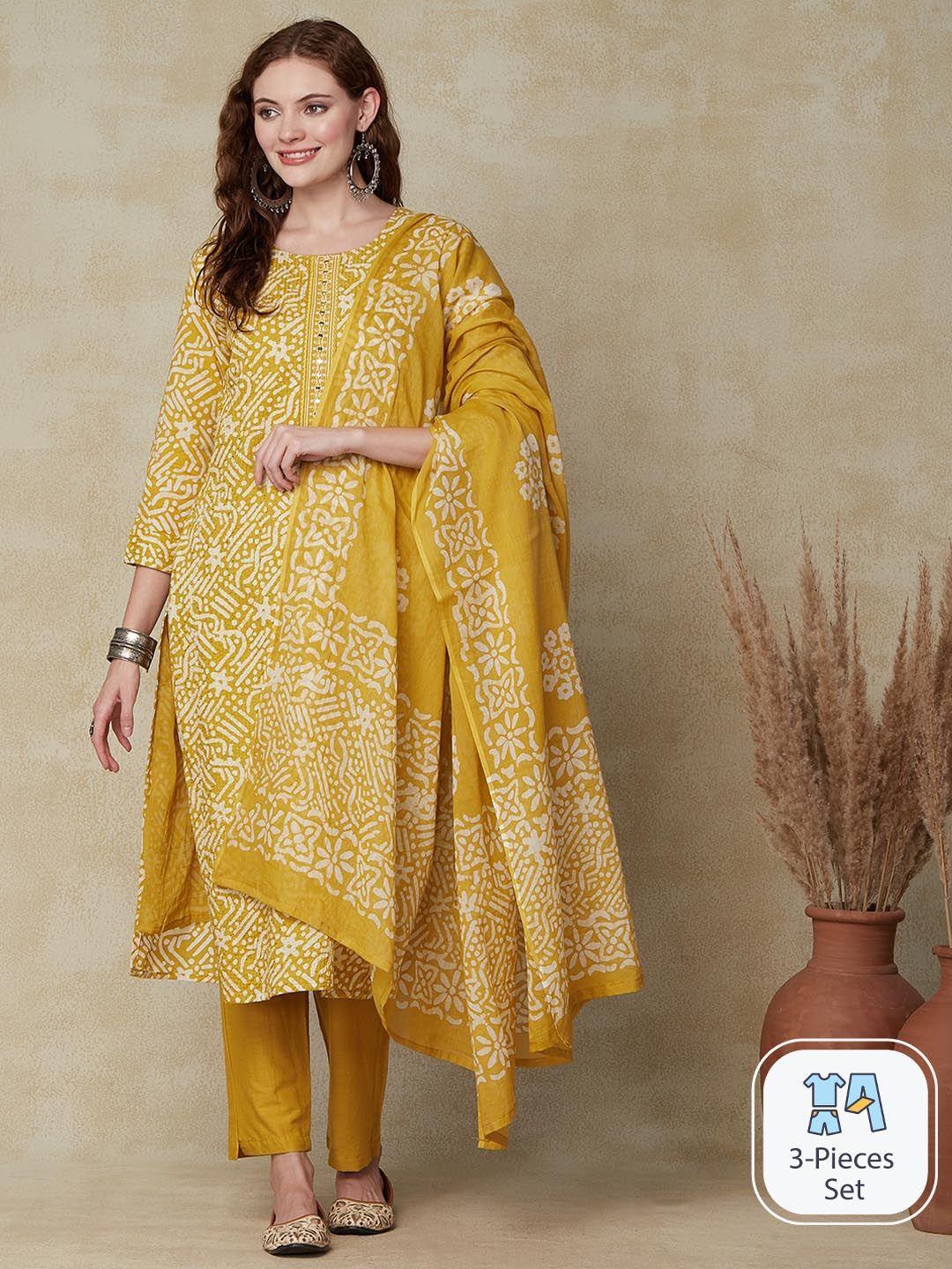 fashor women mustard yellow floral printed regular mirror work pure cotton kurta with trousers & with dupatta