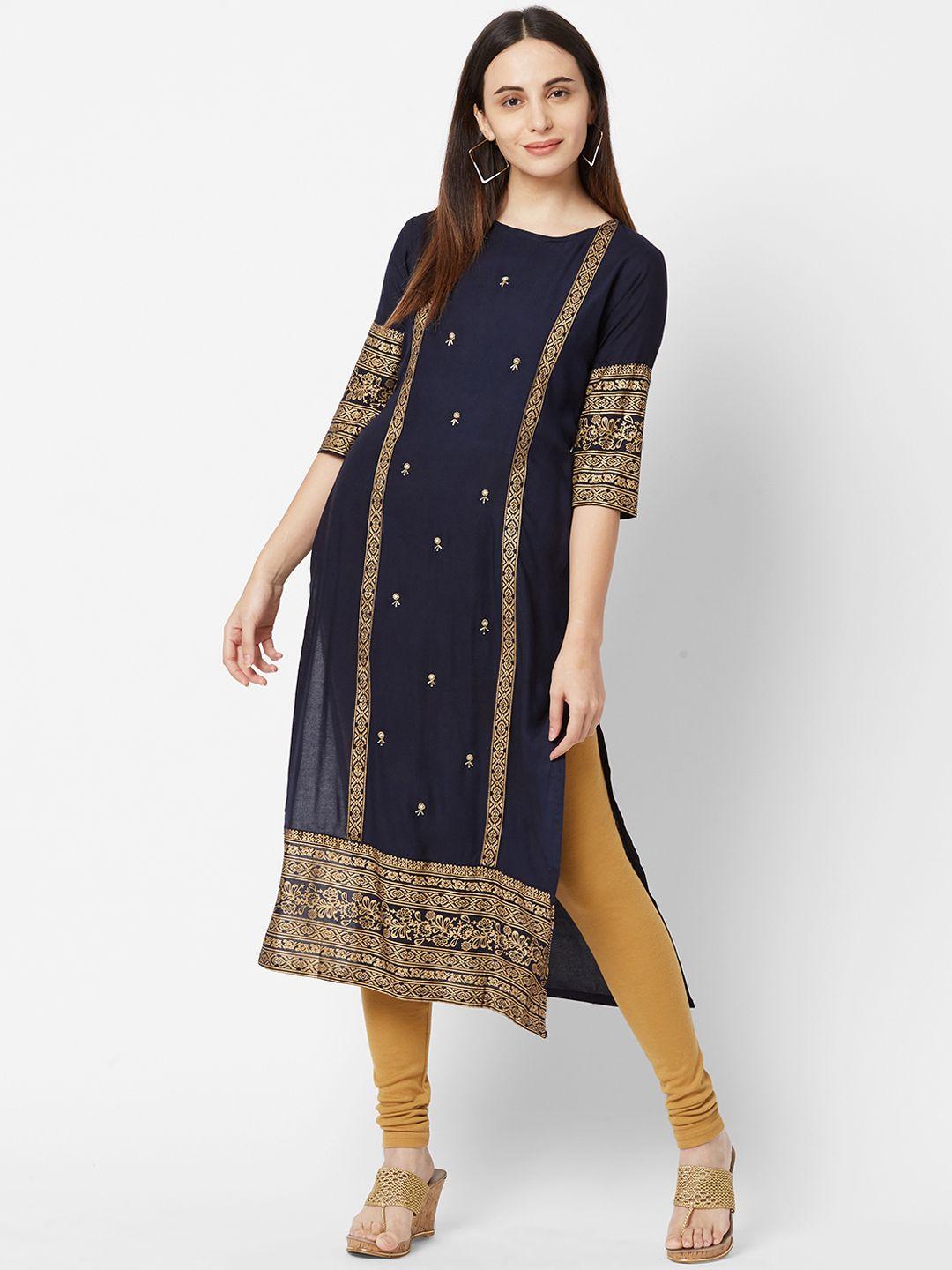 fashor women navy blue & beige embellished straight kurta