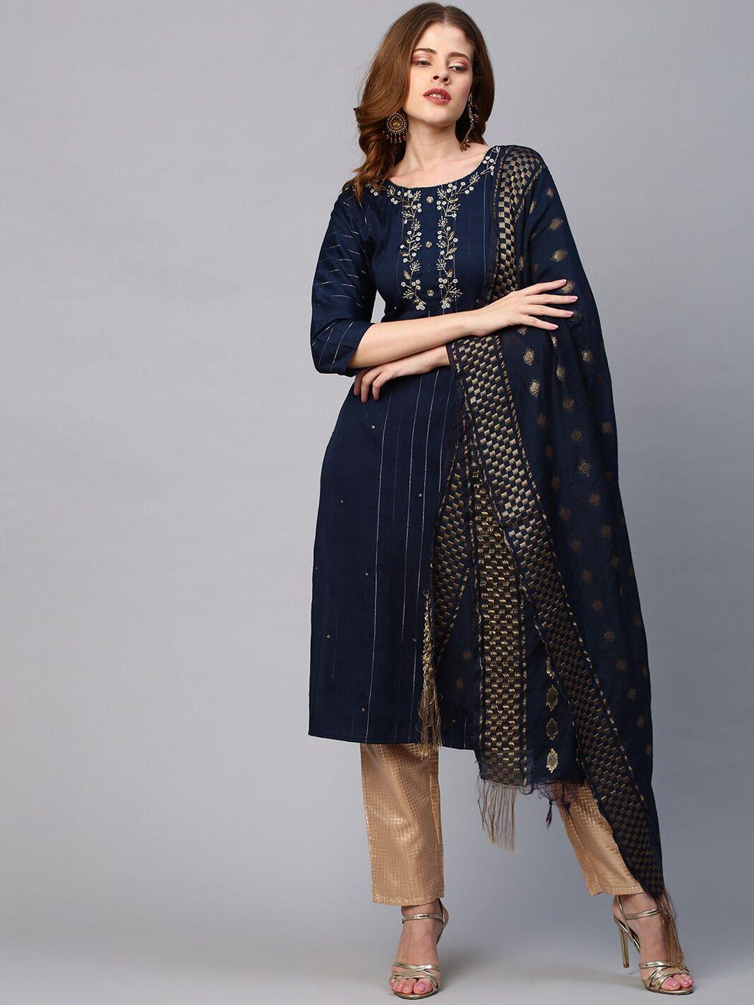 fashor women navy blue & golden lurex striped thread work dobby kurta with dupatta