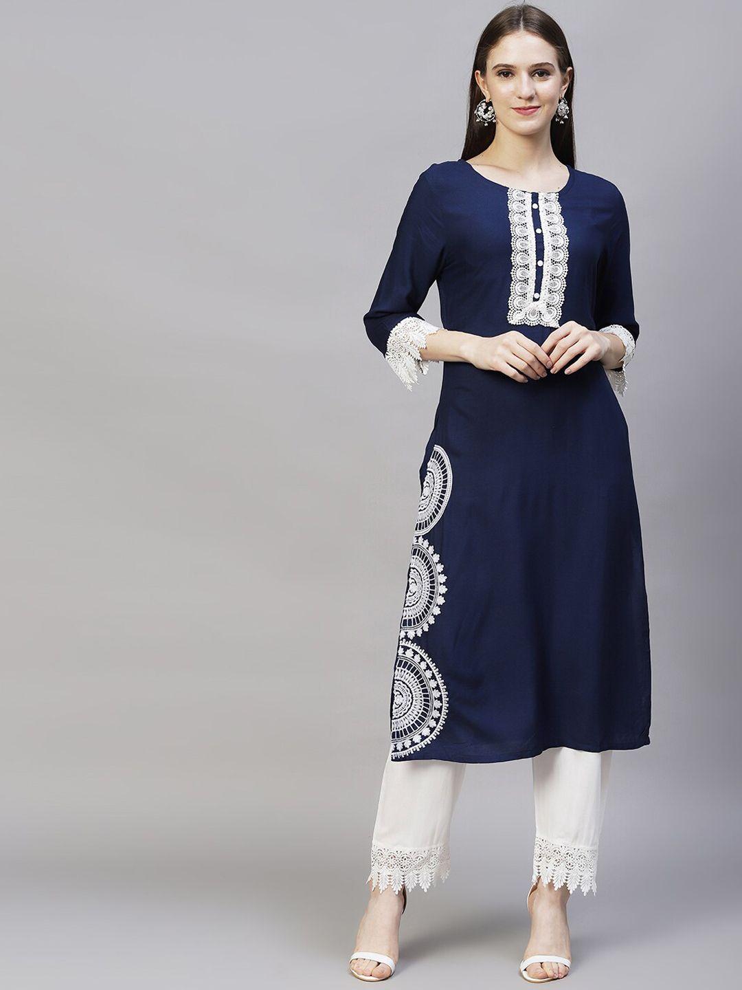 fashor women navy blue embroidered thread work kurta with trousers