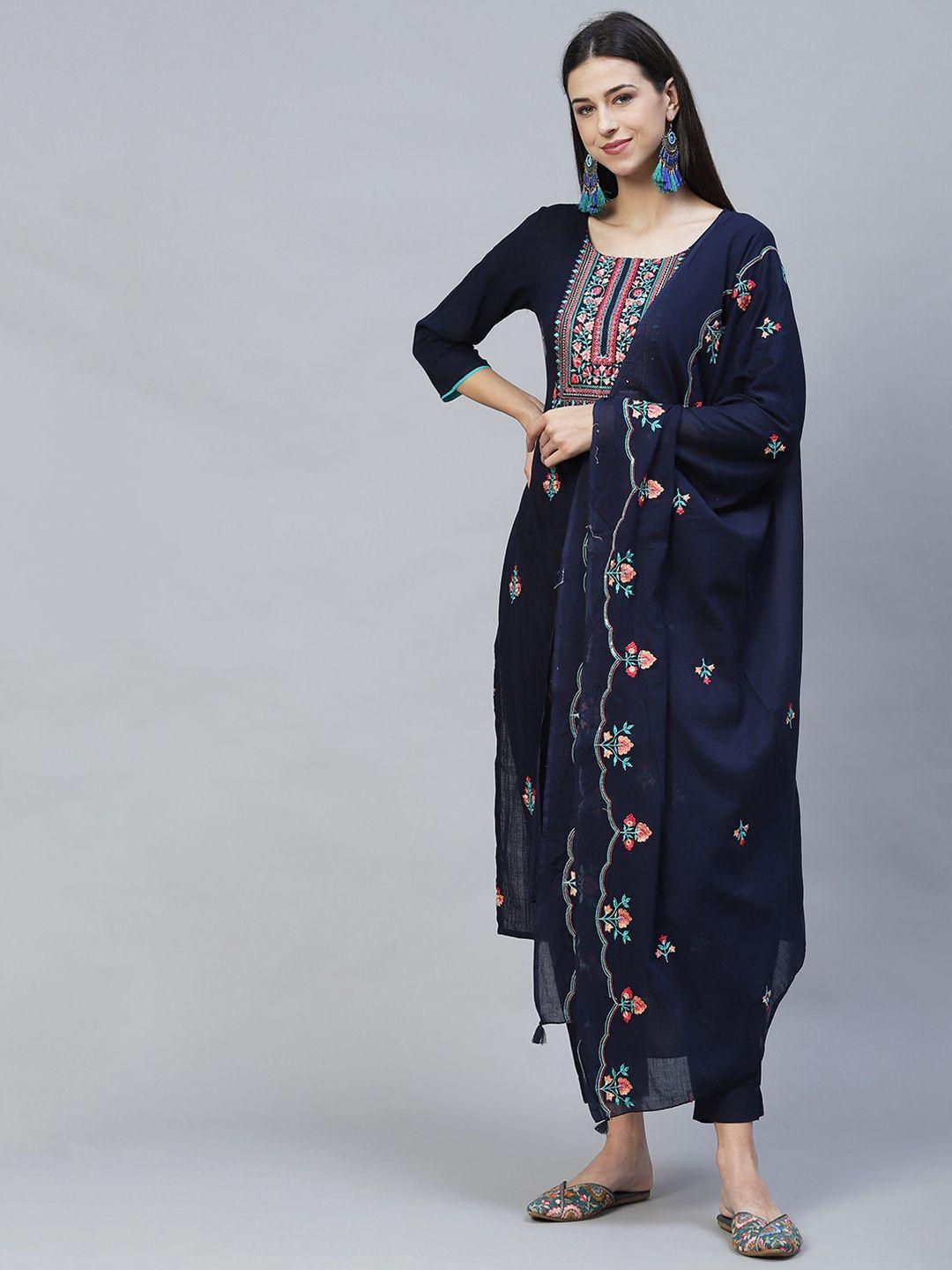 fashor women navy blue ethnic motifs embroidered panelled pure cotton kurti with skirt & with dupatta