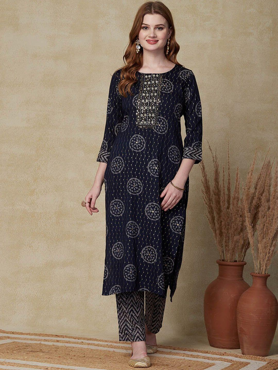 fashor women navy blue ethnic motifs embroidered regular mirror work kurta with trousers