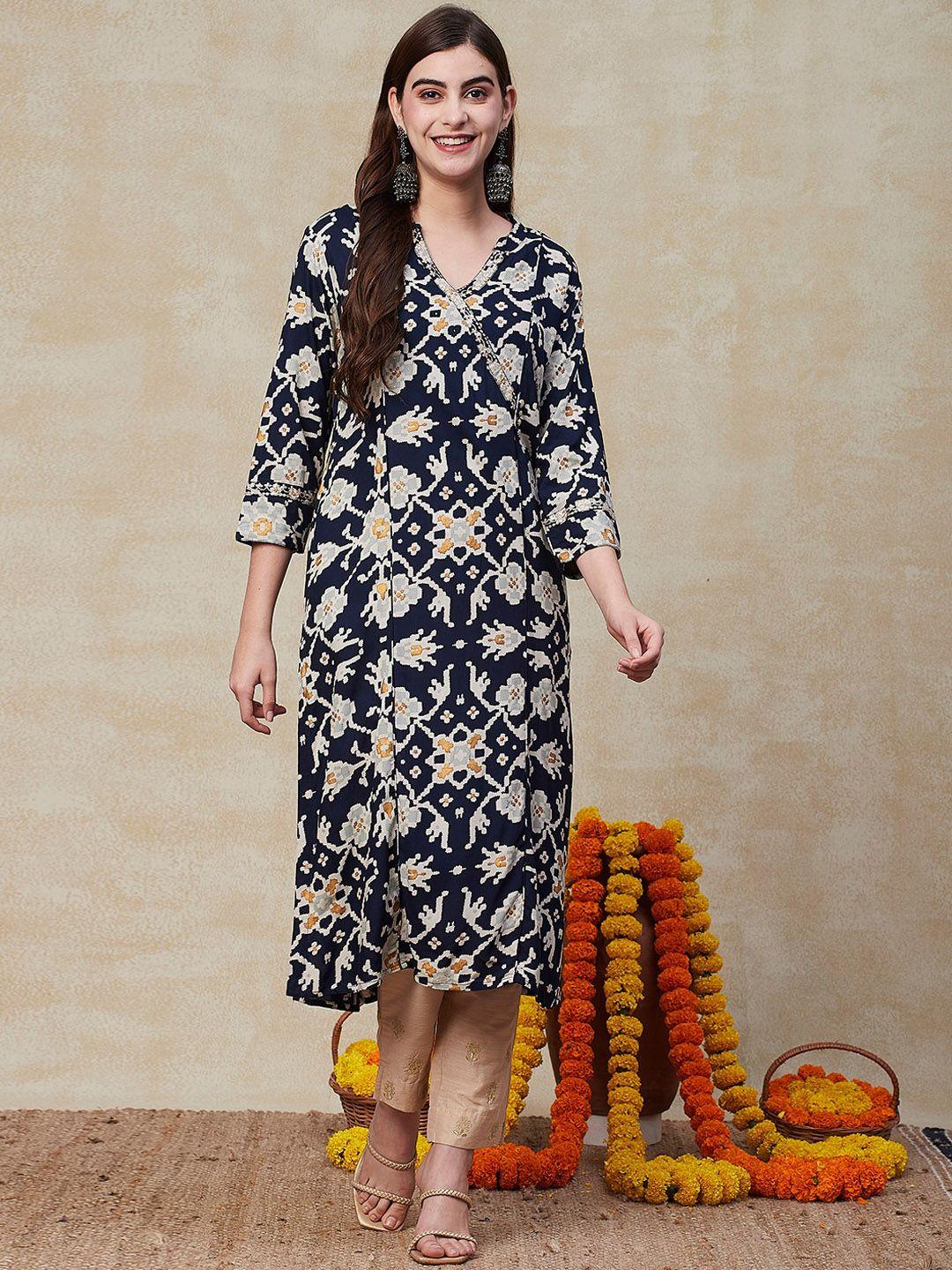 fashor women navy blue floral printed mirror work kurta