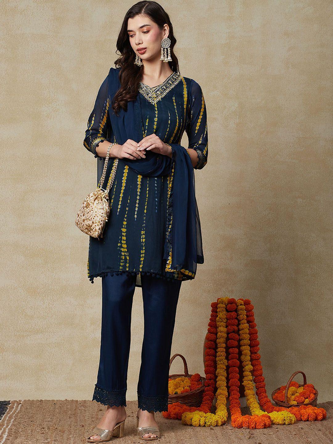 fashor women navy blue printed regular gotta patti kurta with trousers & with dupatta