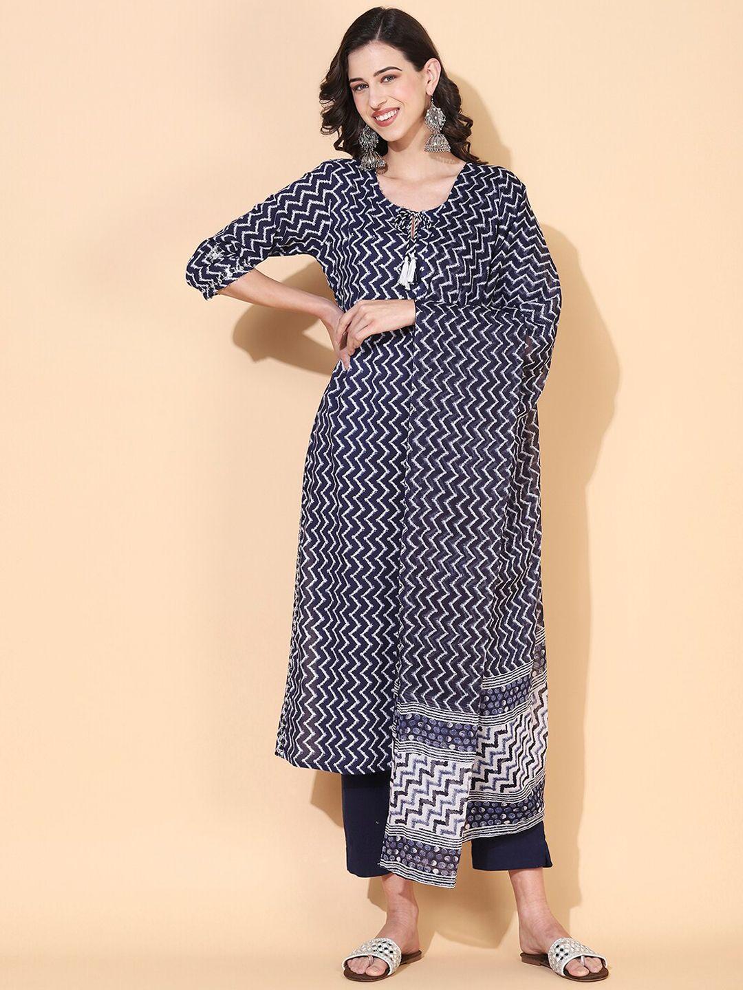 fashor women navy blue printed sequinned pure cotton kurta with trousers & with dupatta