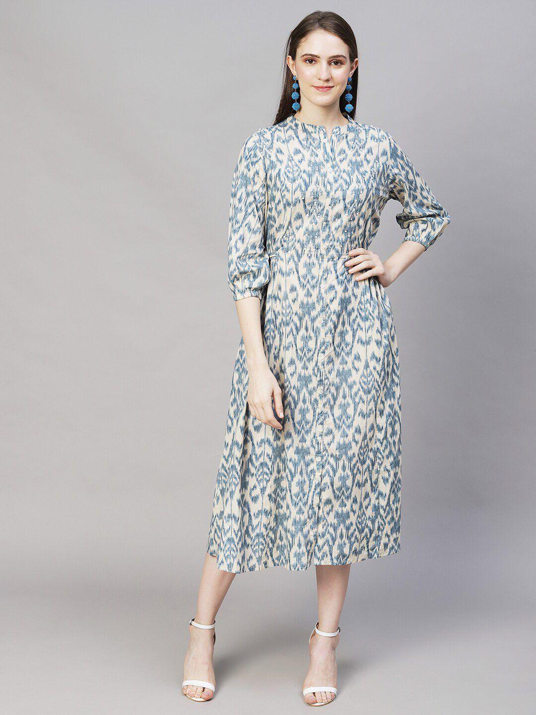 fashor women off white & grey floral embroidered cotton a-line midi dress