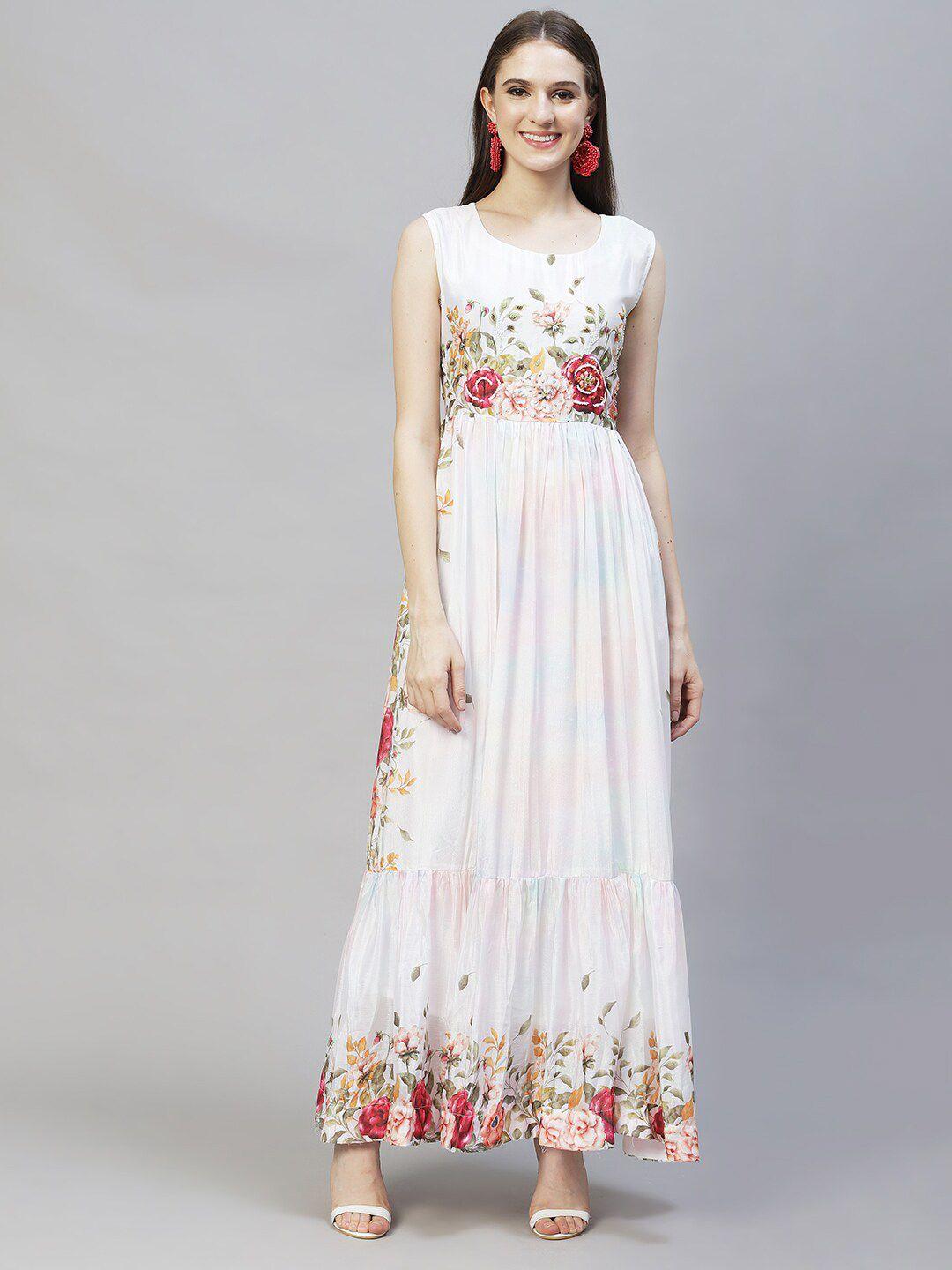 fashor women off white & maroon floral chiffon hand embroidered maxi dress