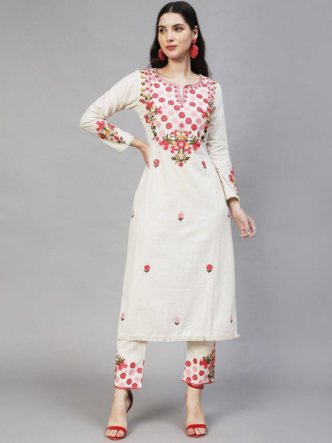 fashor women off white floral embroidered thread work pure cotton kurta with trousers