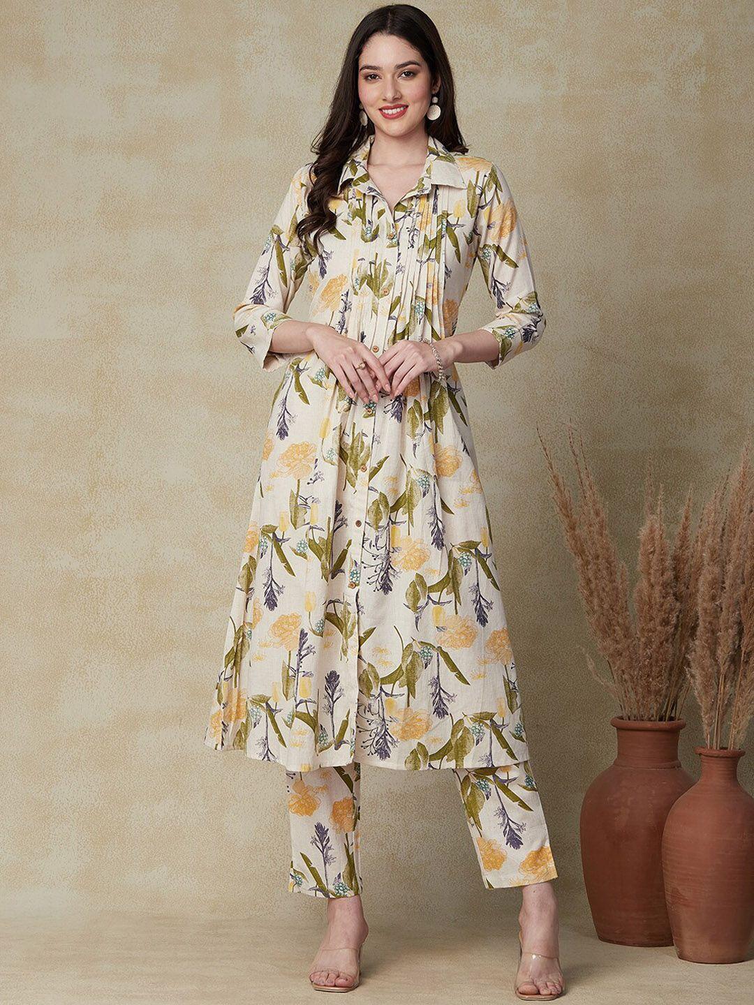 fashor women off white floral printed regular pure cotton kurta with trousers