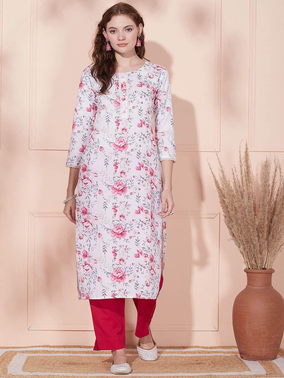 fashor women off white floral printed thread work kurta