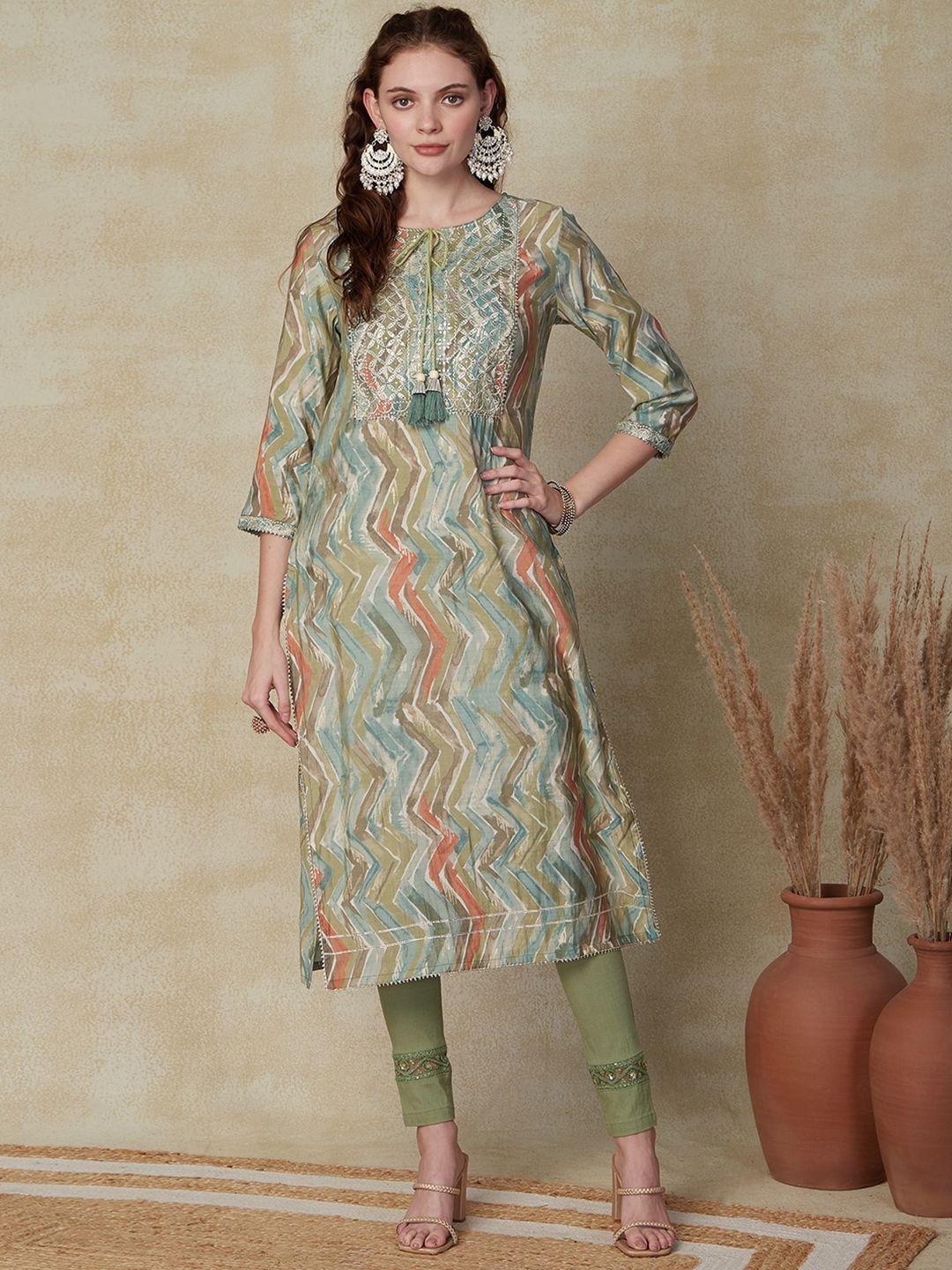 fashor women olive green printed flared sleeves sequinned kurta