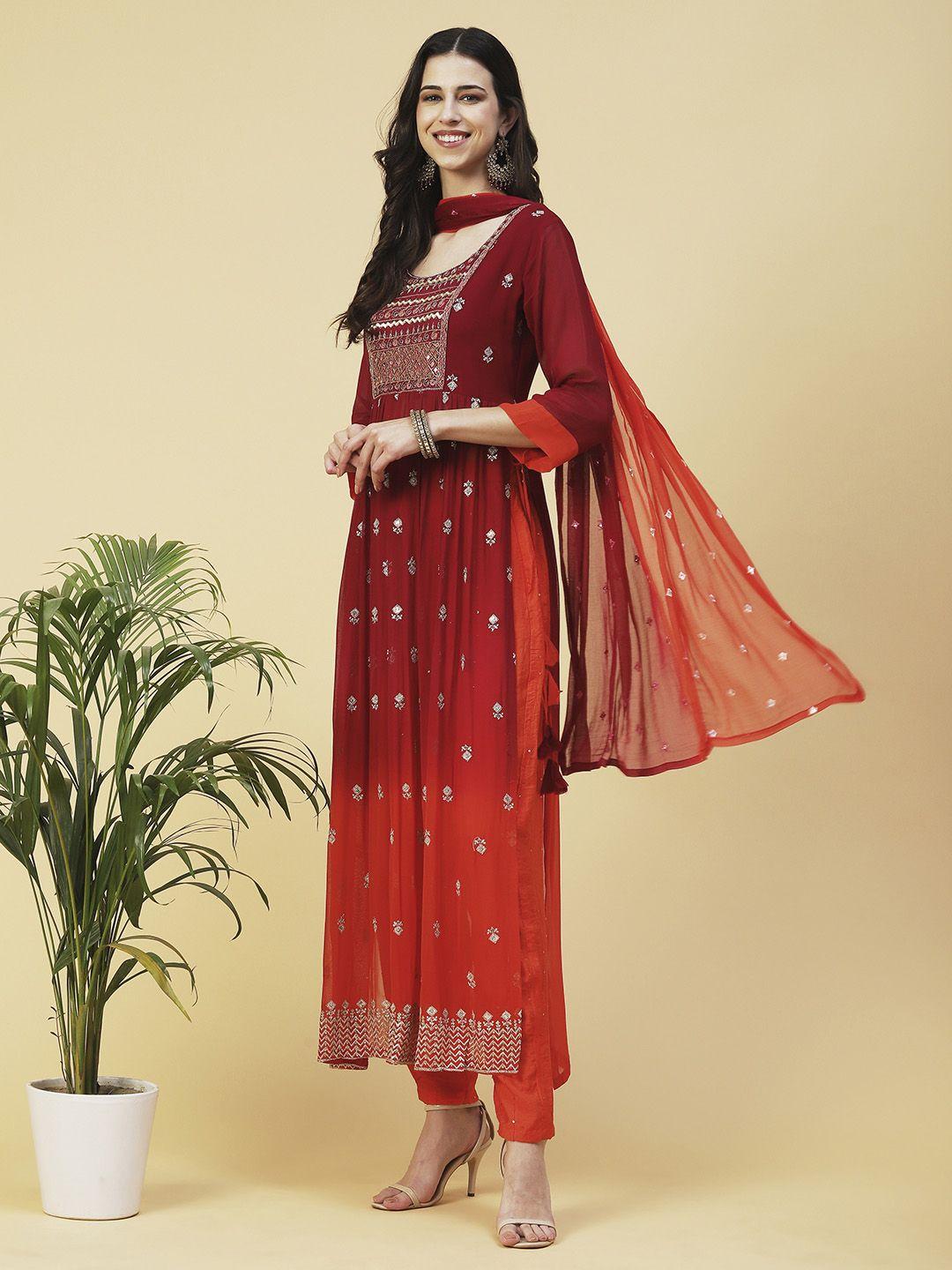 fashor women ombre dyed high slit sequinned kurta with trousers & dupatta