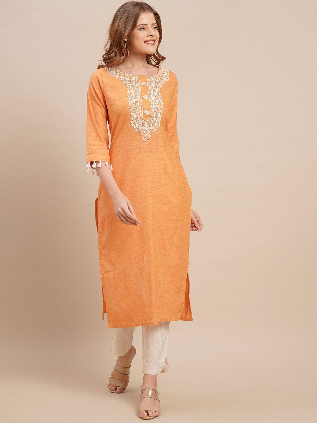 fashor women orange & white embroidered straight kurta