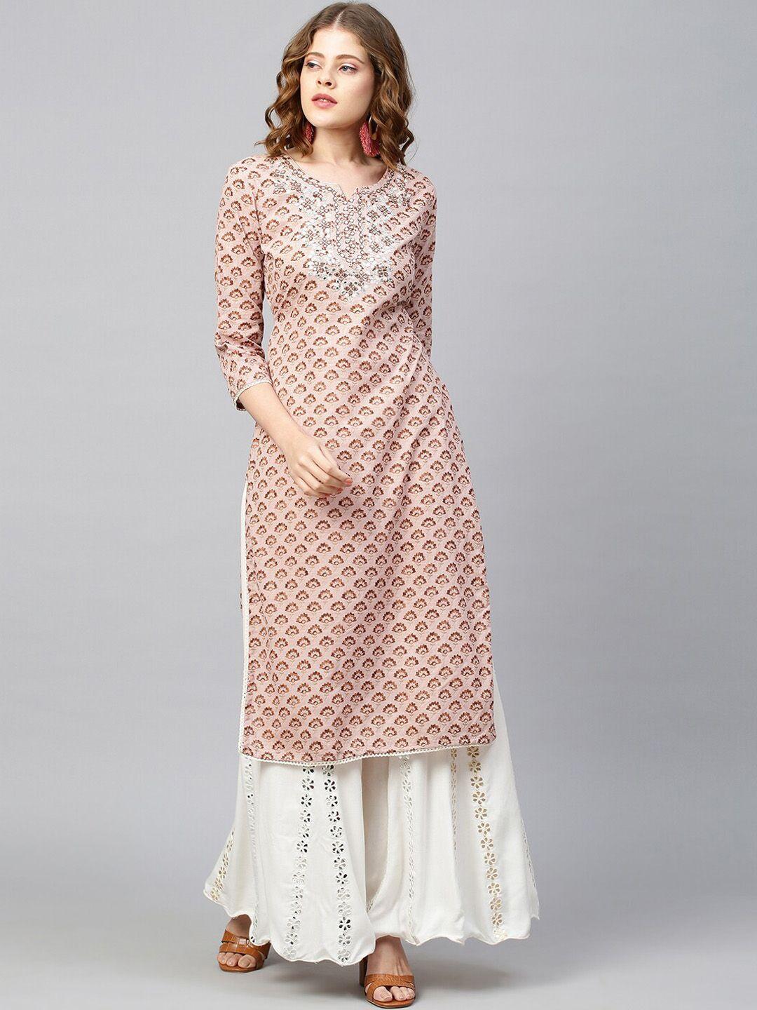 fashor women peach-coloured & brown floral printed kurta