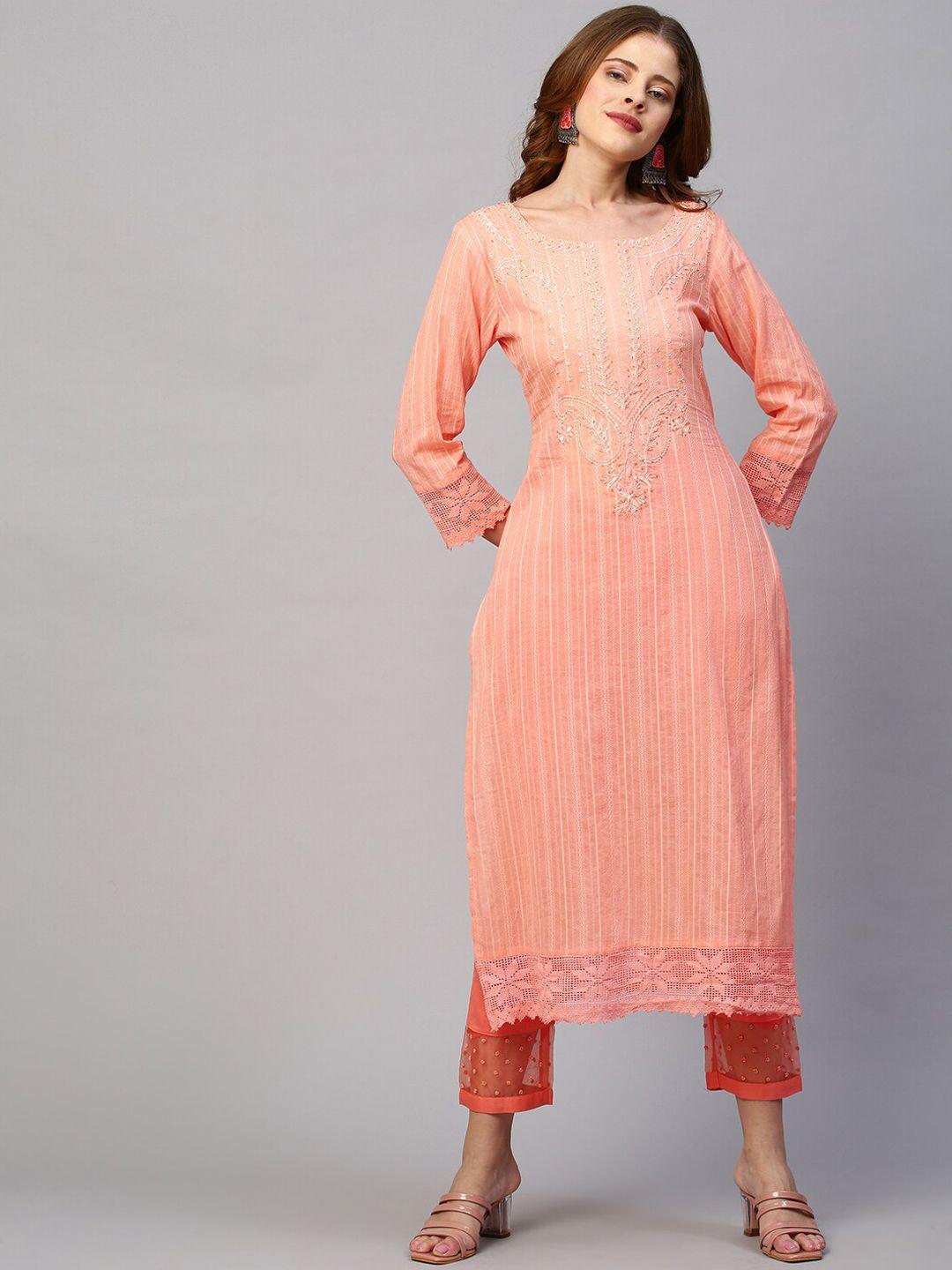 fashor women peach-coloured embroidered thread work kurta