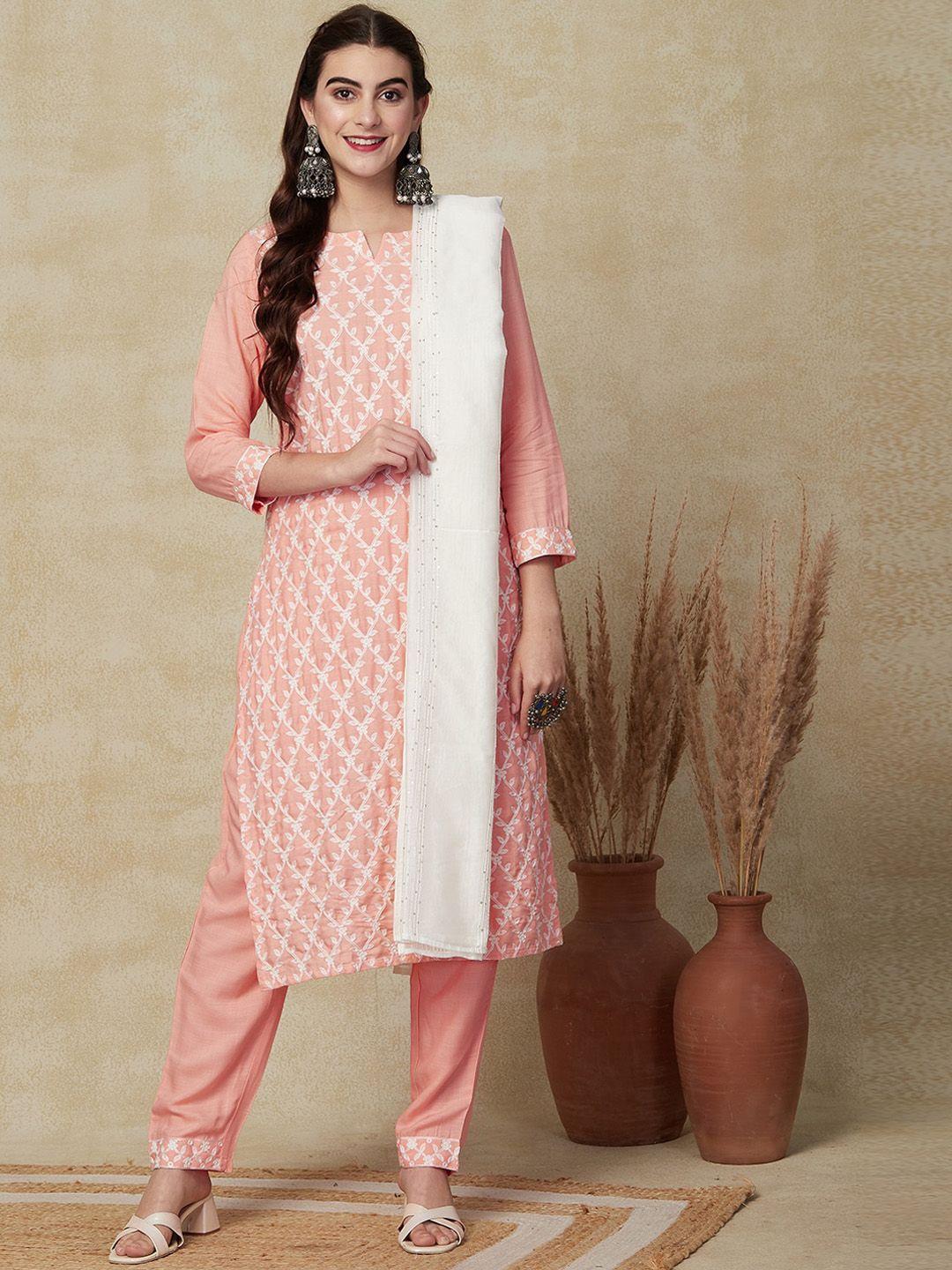 fashor women peach-coloured ethnic motifs embroidered regular thread work kurta with trousers & with dupatta