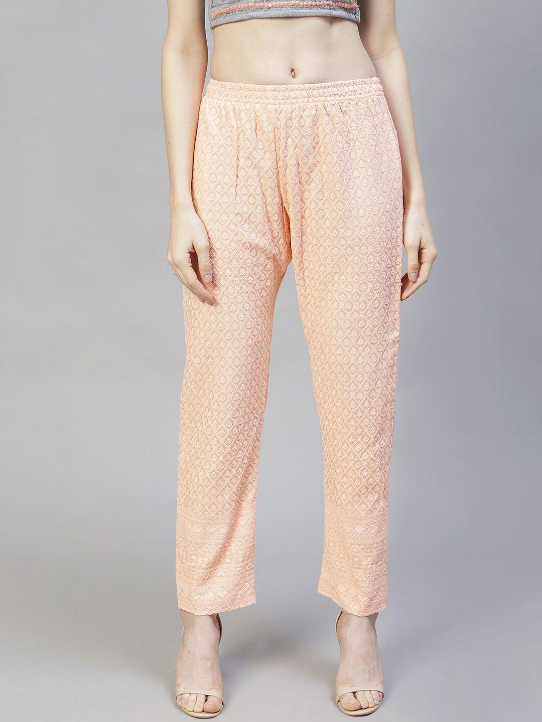 fashor women peach-coloured floral embroidered straight fit trousers