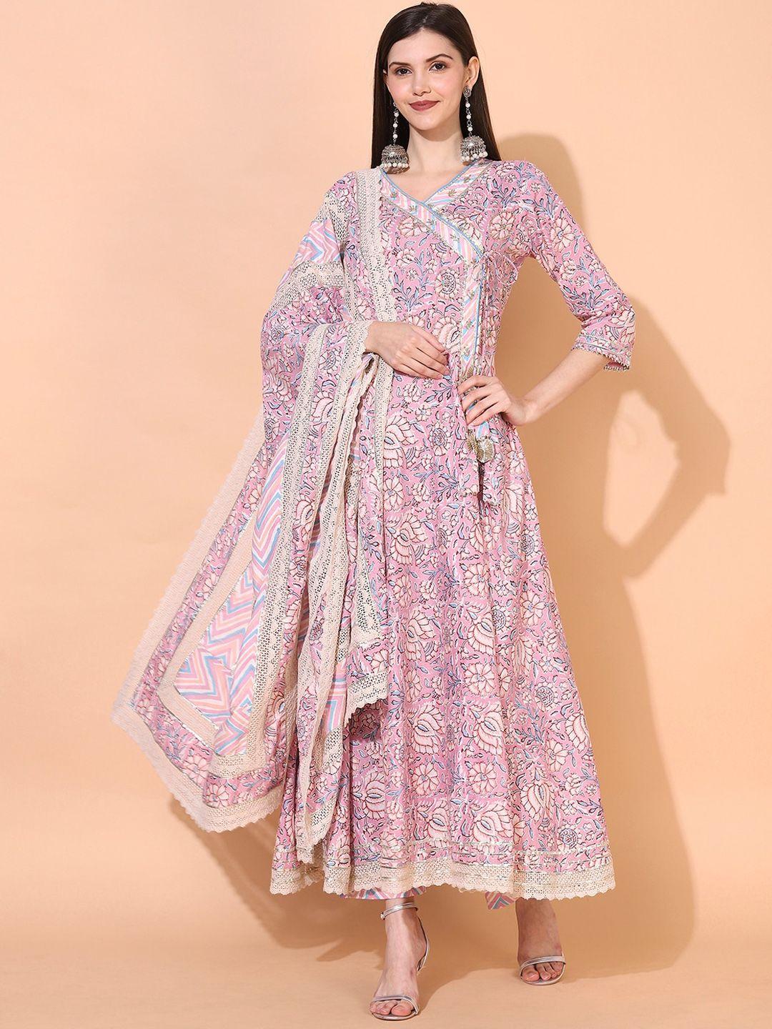 fashor women pink & blue printed pure cotton angrakha kurta with trousers & with dupatta