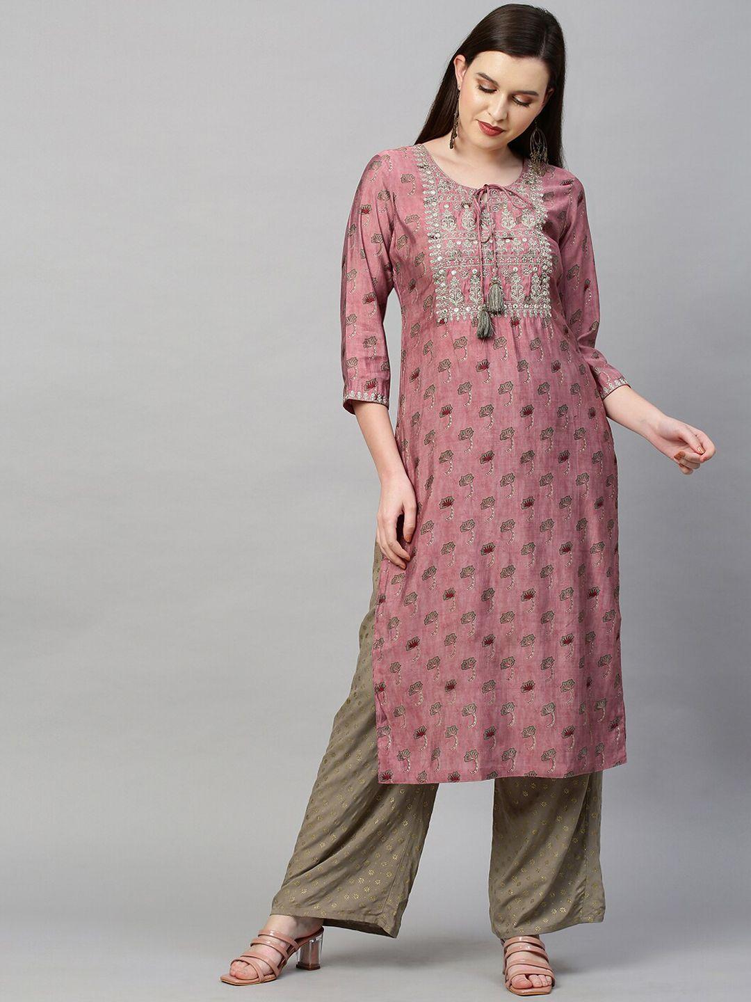 fashor women pink & olive green ethnic motifs printed thread work straight kurta