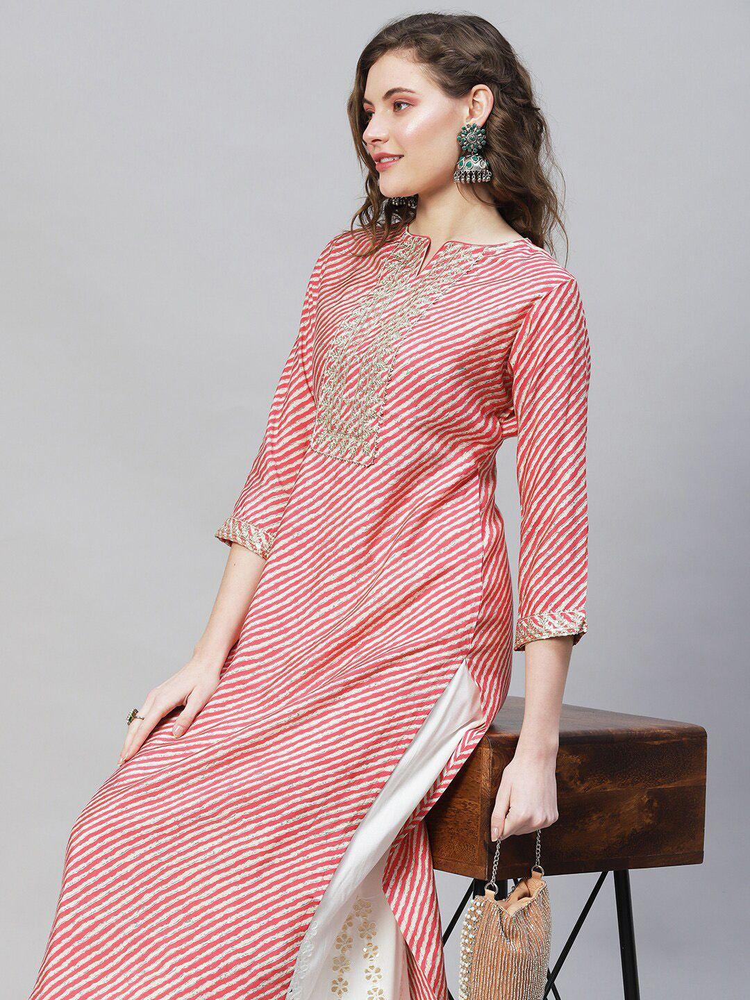 fashor women pink & white leheriya printed kurta