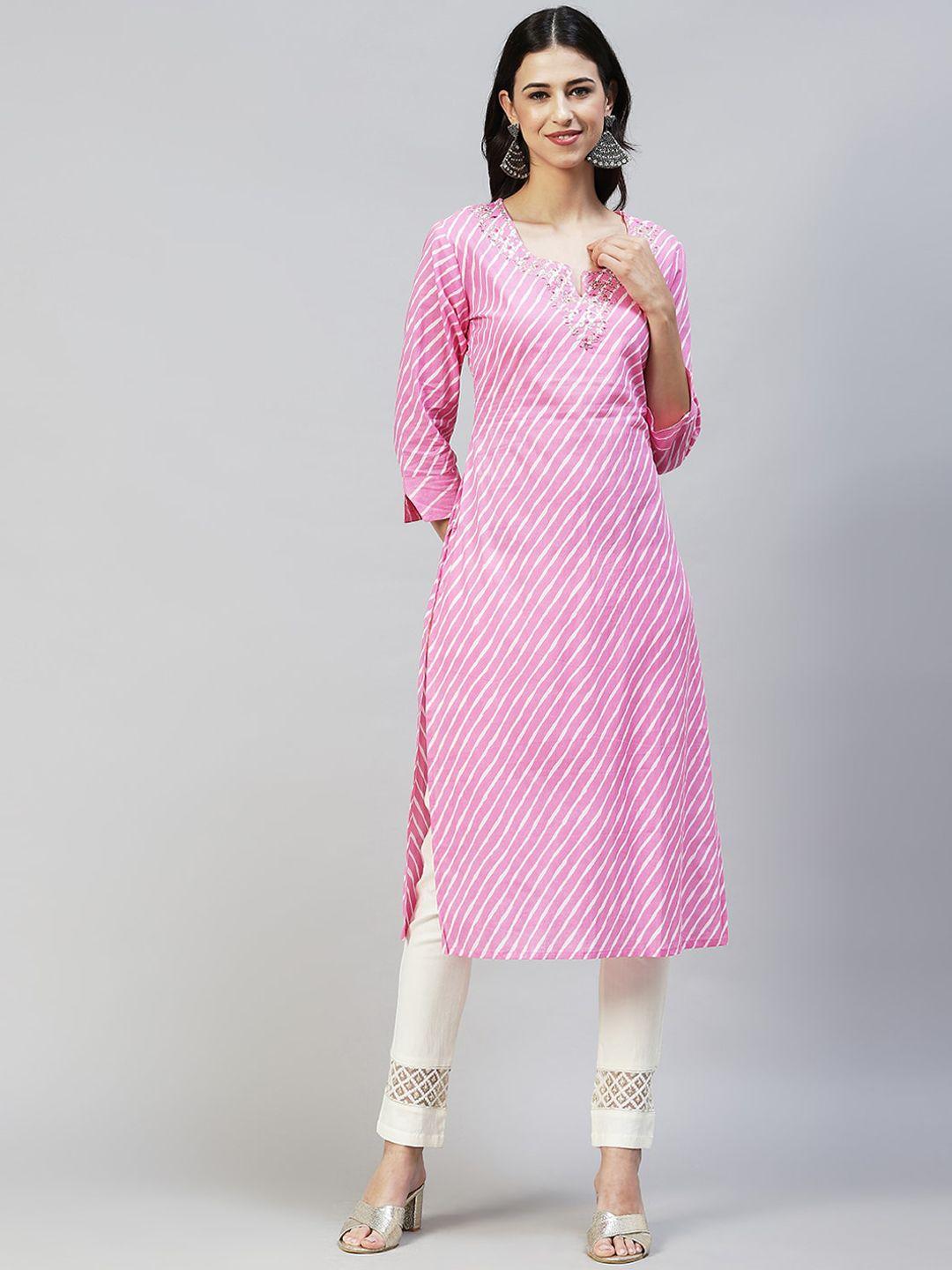fashor women pink & white leheriya striped thread work kurta