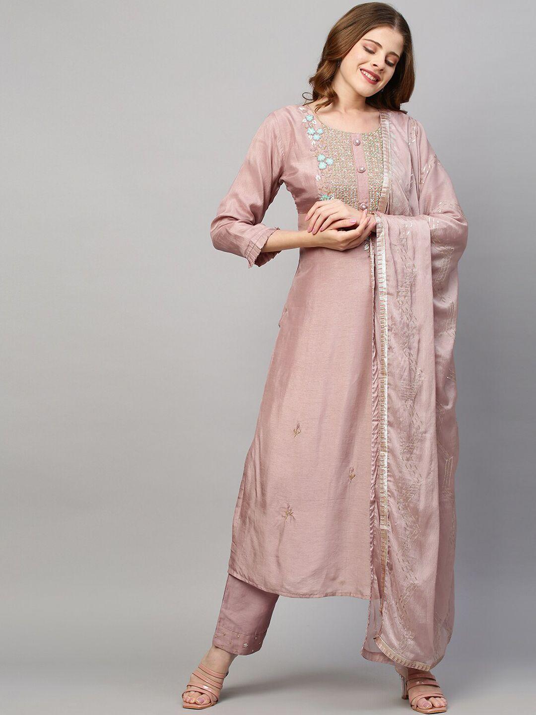 fashor women pink embroidered kurta with trousers & with dupatta