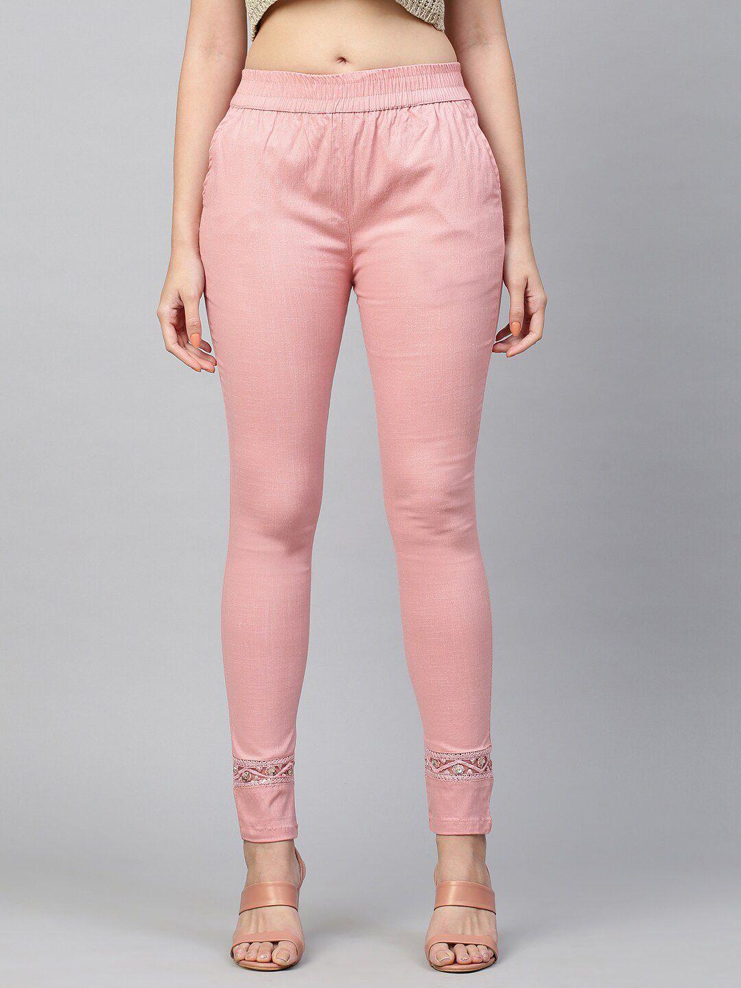 fashor women pink embroidered skinny-fit jeggings
