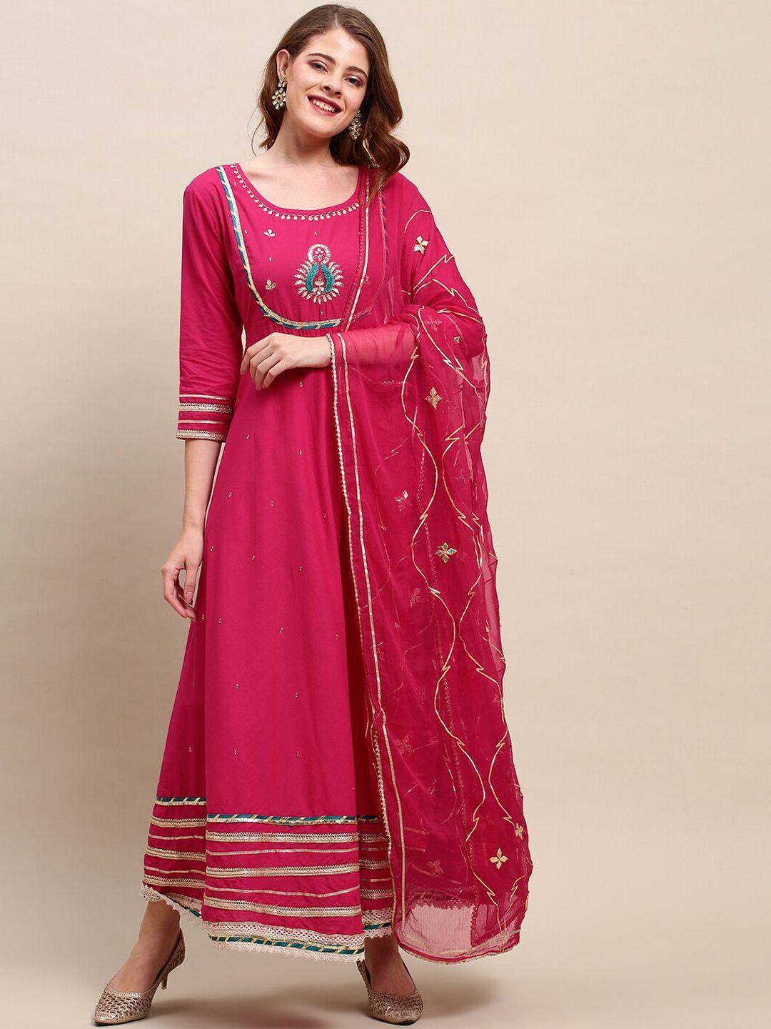 fashor women pink ethnic motifs embroidered empire gotta patti pure cotton kurta with trousers with dupatta